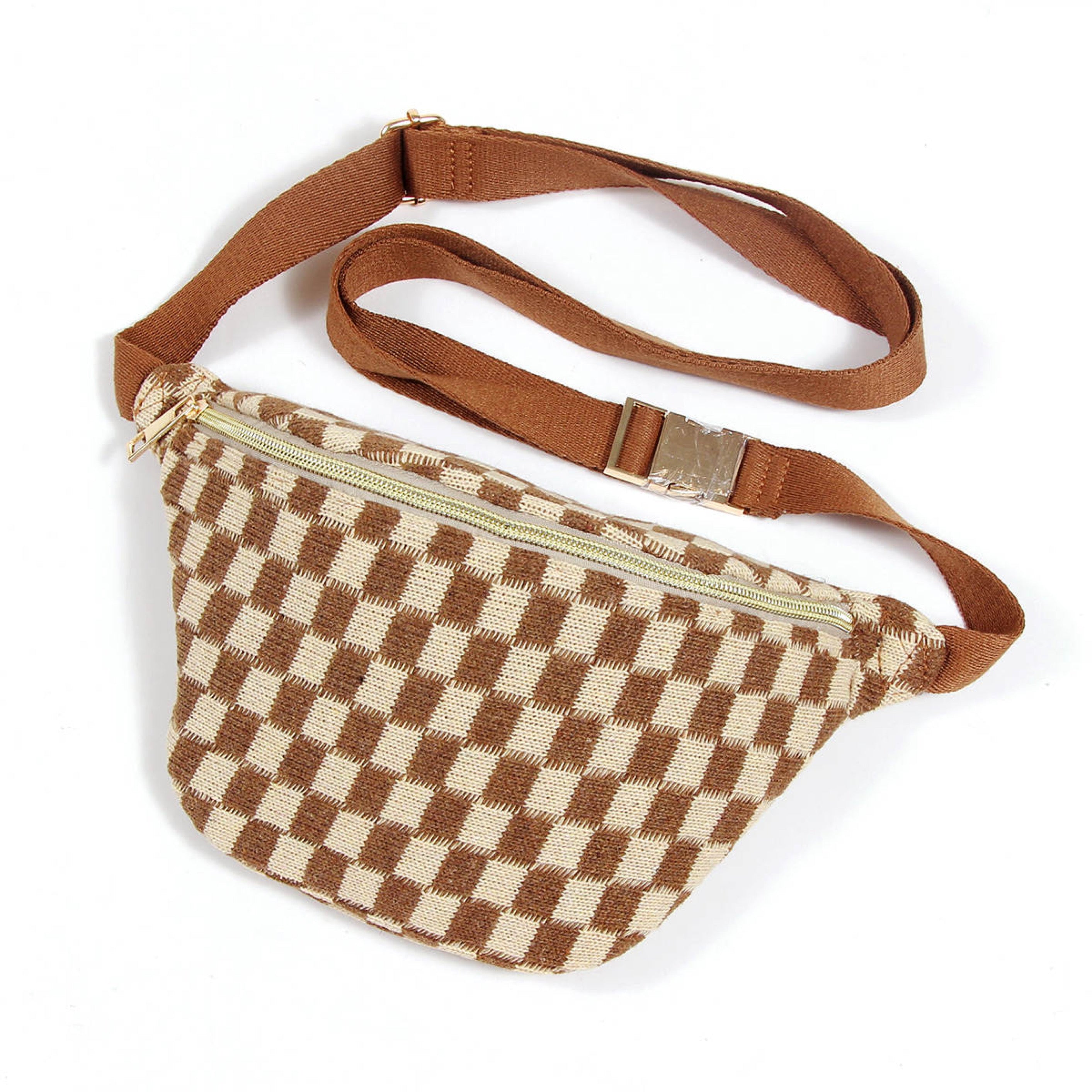 Check Yourself Belt Sling Bag featuring checkered knit material and gold-tone hardware, adjustable strap for comfort.