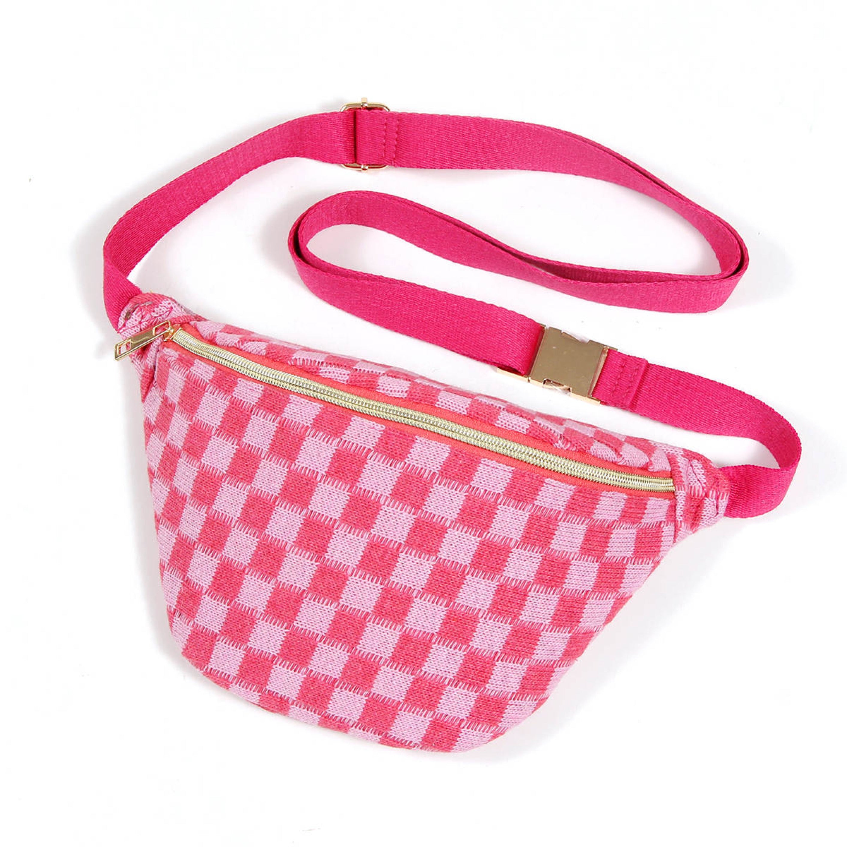 Check Yourself Belt Sling Bag featuring checkered knit material and gold-tone hardware, adjustable strap for comfort.