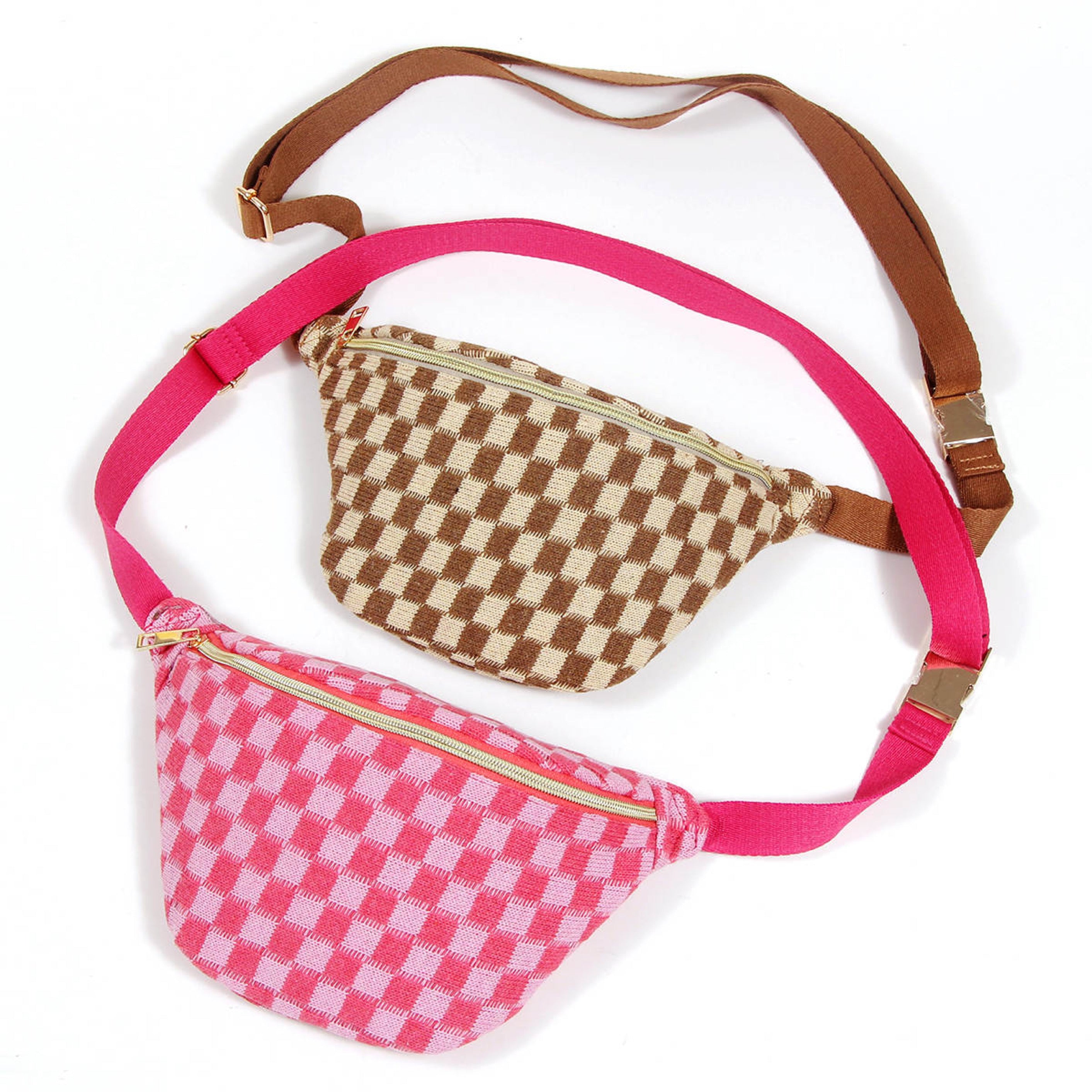 Check Yourself Belt Sling Bag featuring checkered knit material and gold-tone hardware, adjustable strap for comfort.