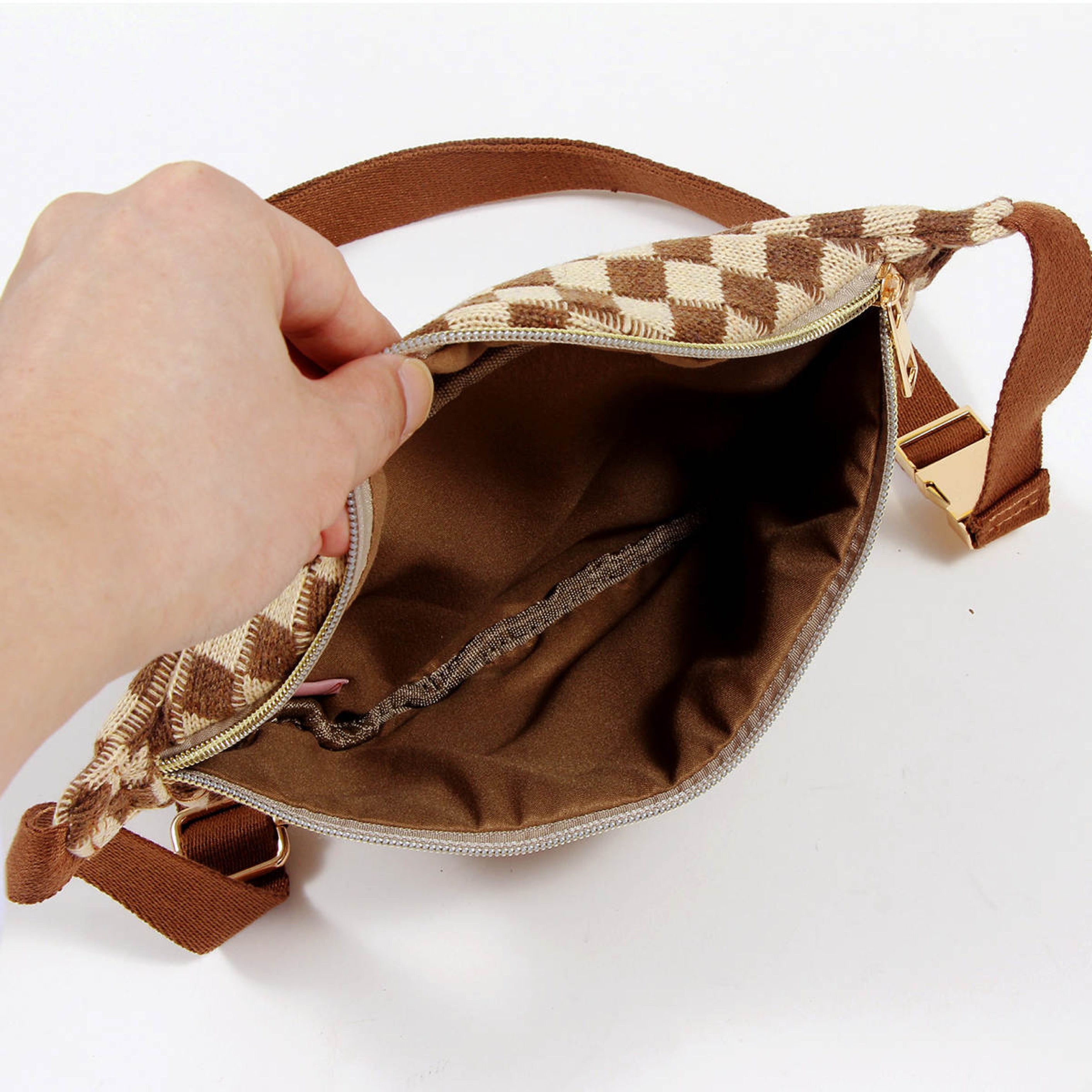 Check Yourself Belt Sling Bag featuring checkered knit material and gold-tone hardware, adjustable strap for comfort.