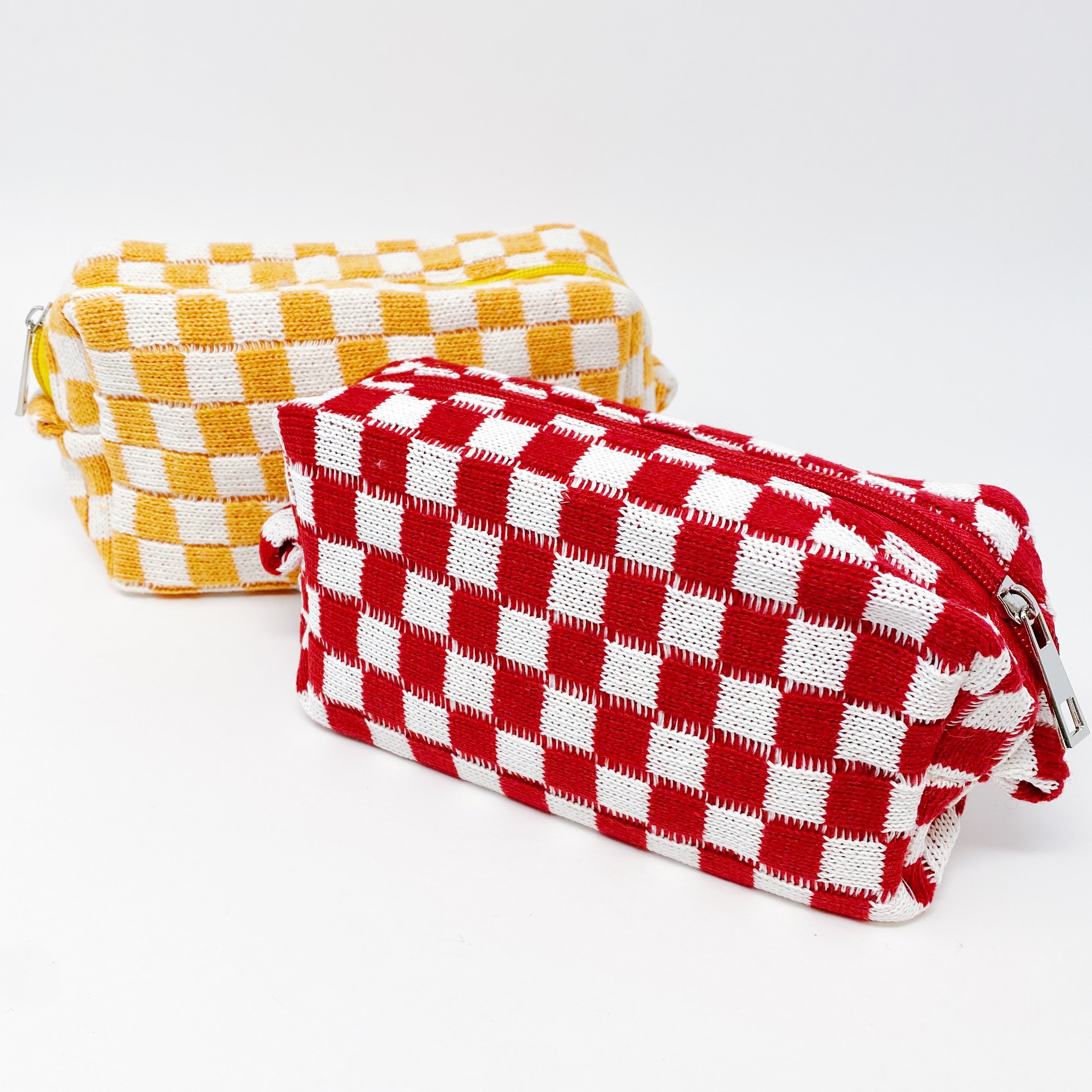 Check Yourself Cosmetic Bag with a stylish checkered pattern and light vinyl lining, perfect for organizing beauty essentials.