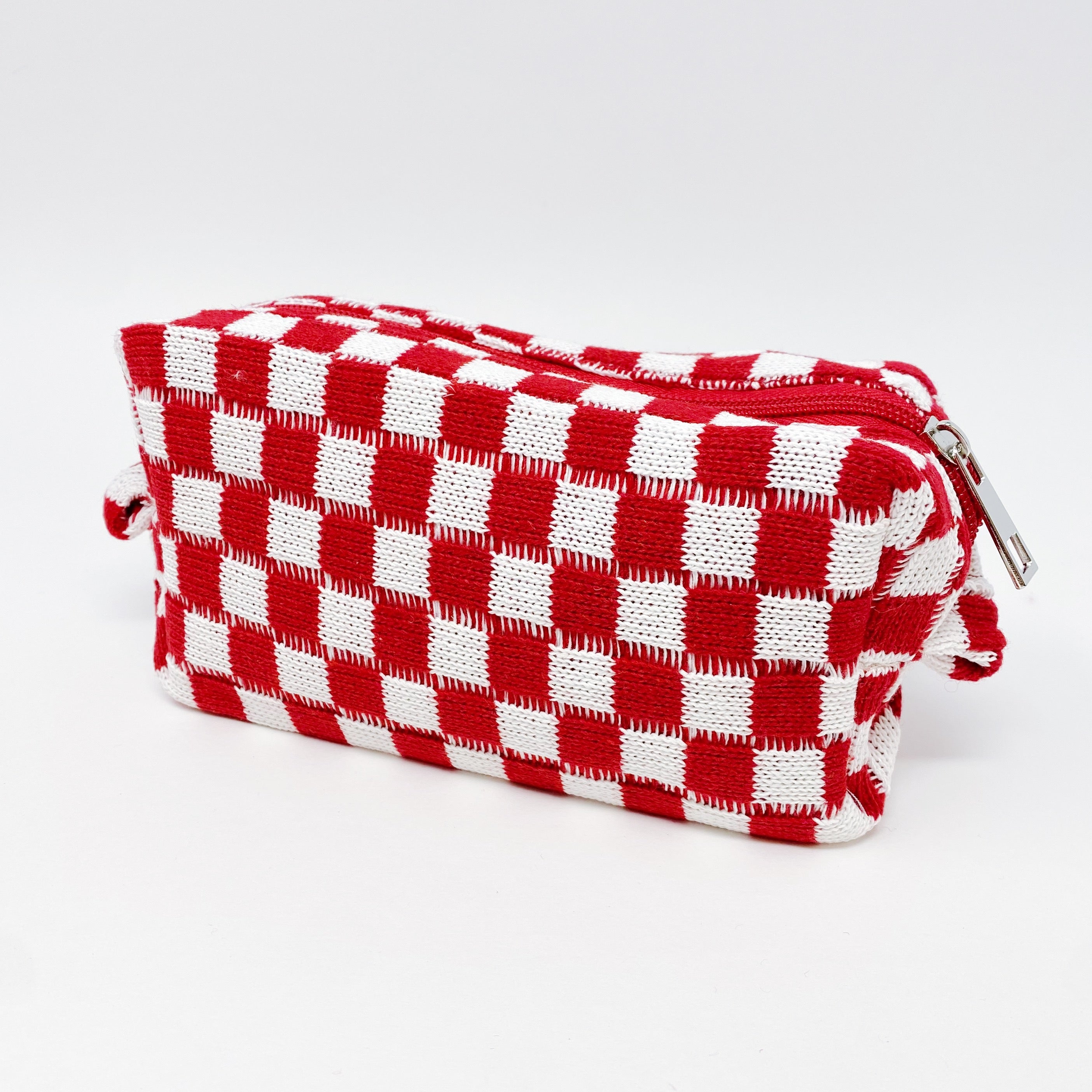 Check Yourself Cosmetic Bag with a stylish checkered pattern and light vinyl lining, perfect for organizing beauty essentials.