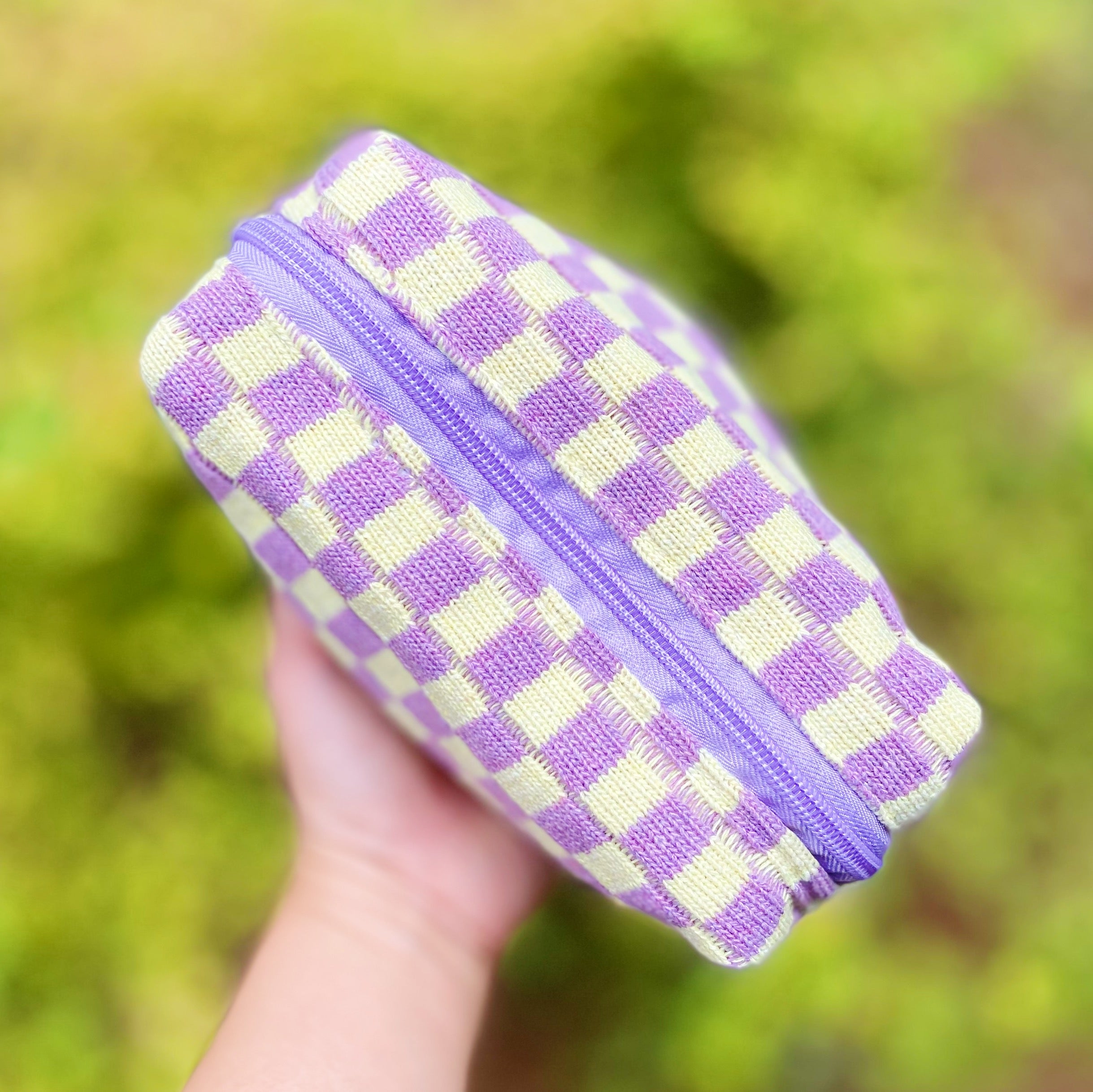 Check Yourself Cosmetic Bag with a stylish checkered pattern and light vinyl lining, perfect for organizing beauty essentials.