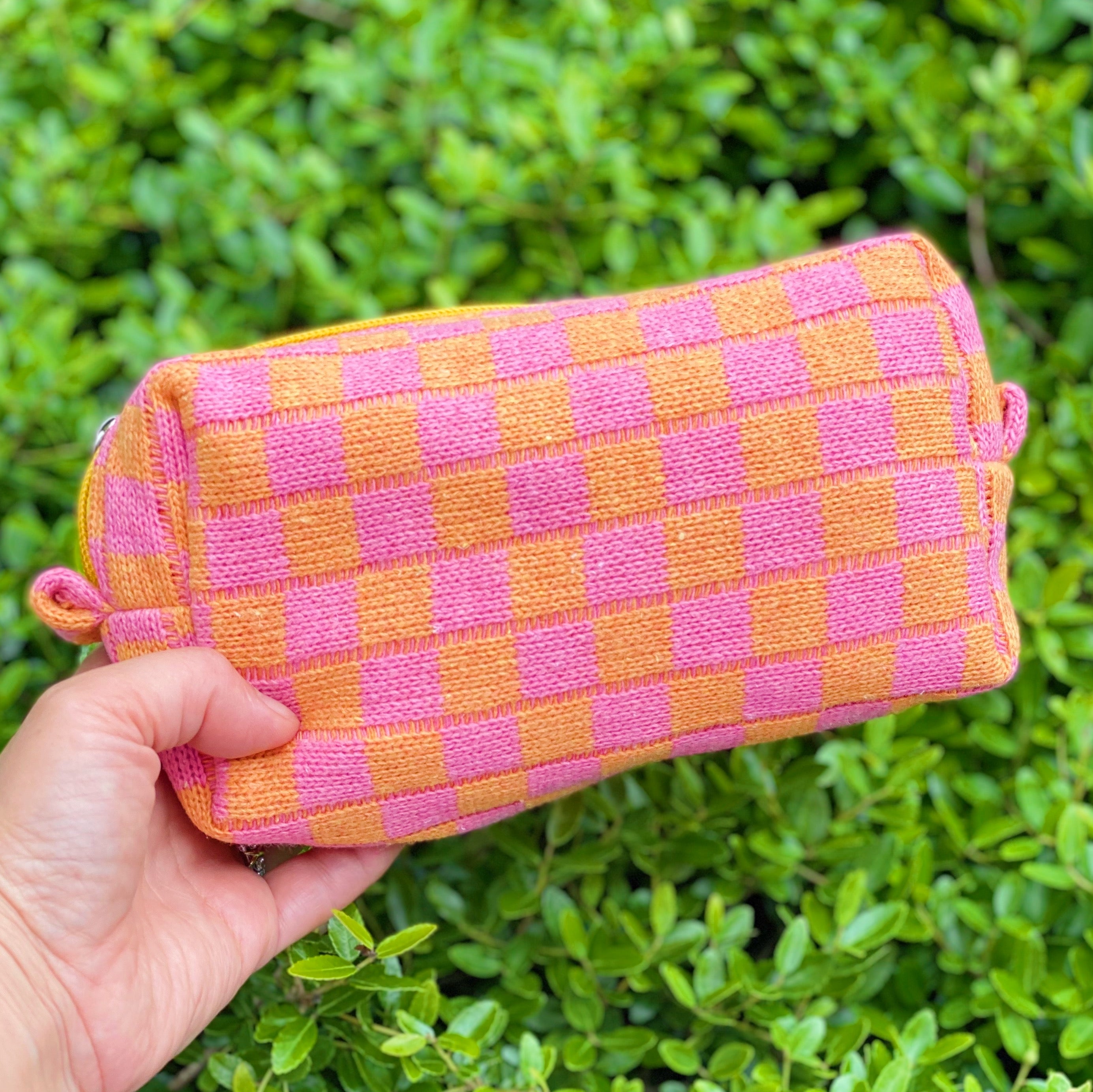 Check Yourself Cosmetic Bag with a stylish checkered pattern and light vinyl lining, perfect for organizing beauty essentials.