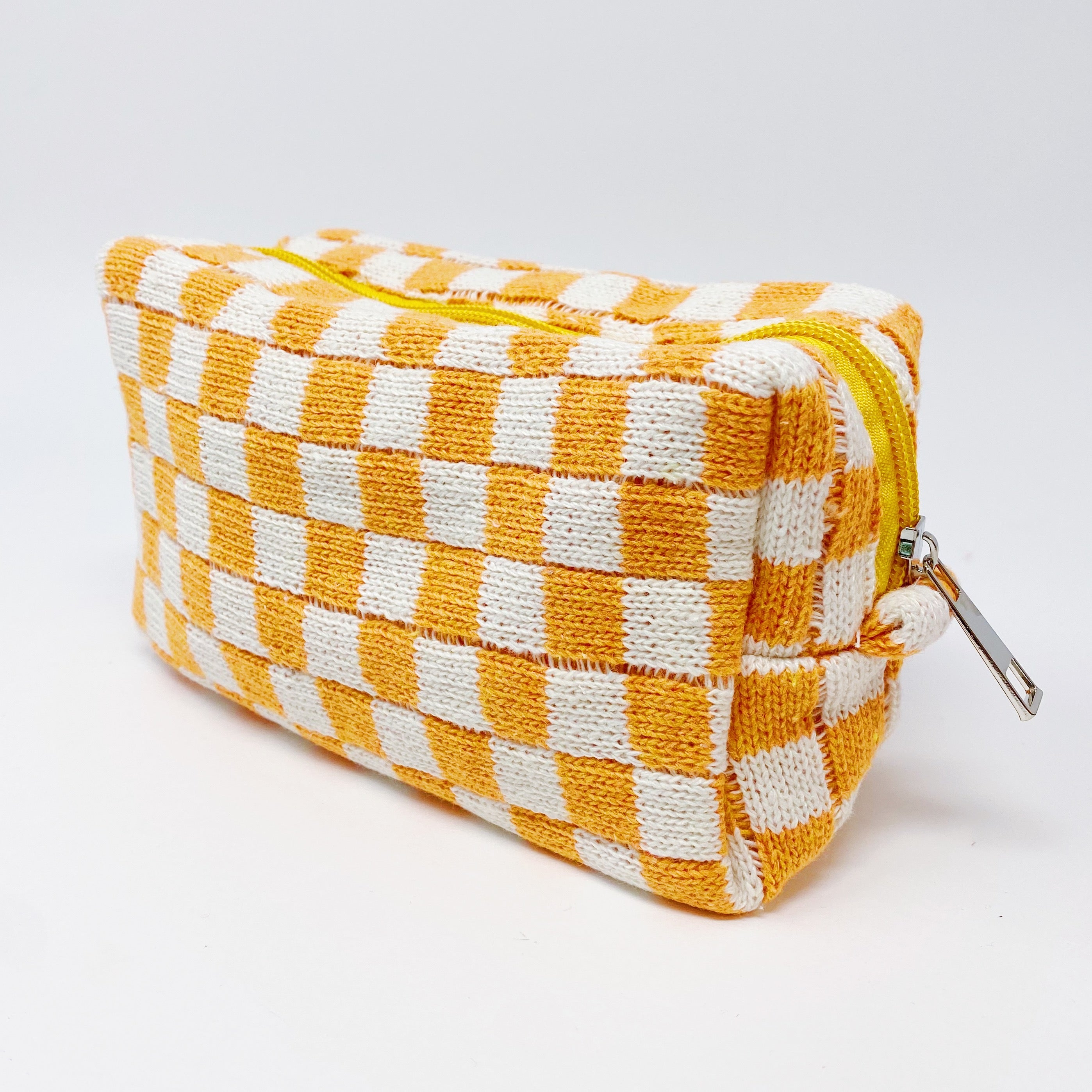 Check Yourself Cosmetic Bag with a stylish checkered pattern and light vinyl lining, perfect for organizing beauty essentials.