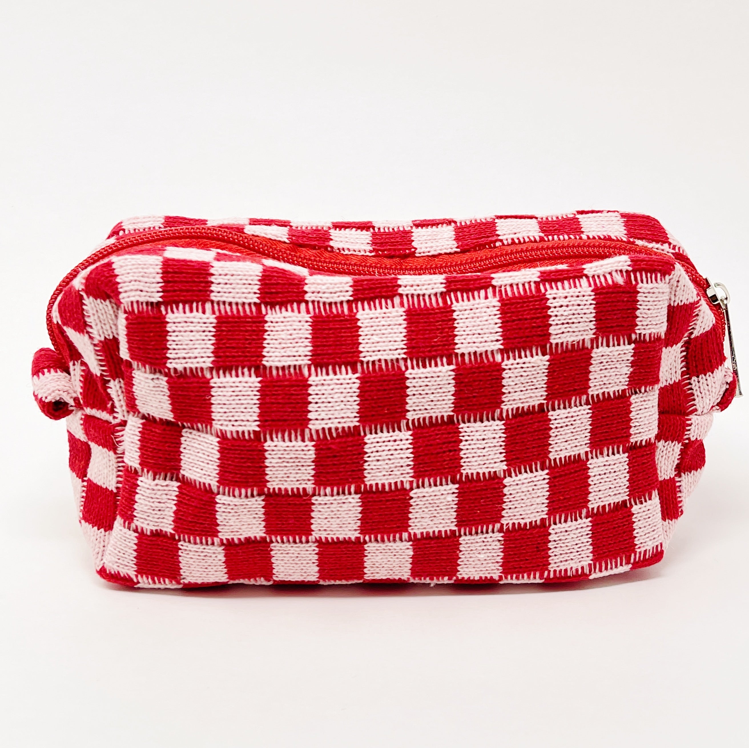 Check Yourself Cosmetic Bag with a stylish checkered pattern and light vinyl lining, perfect for organizing beauty essentials.