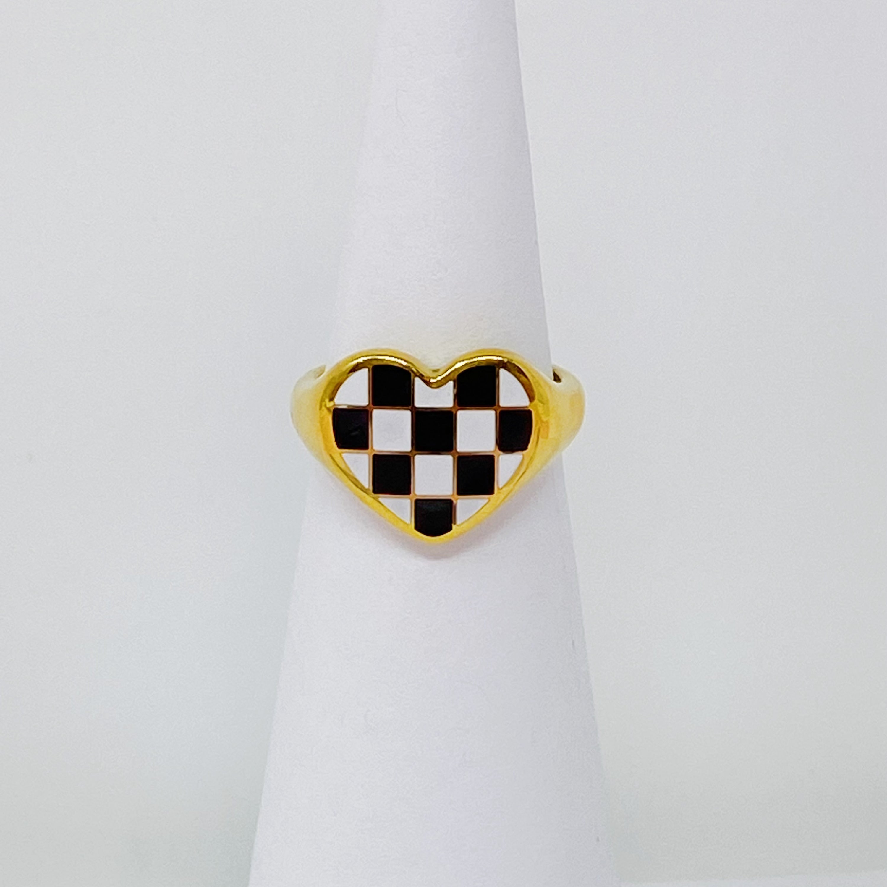 Checkered Heart Signet Ring featuring a heart shape and checkerboard design, crafted from 18K gold-plated stainless steel.