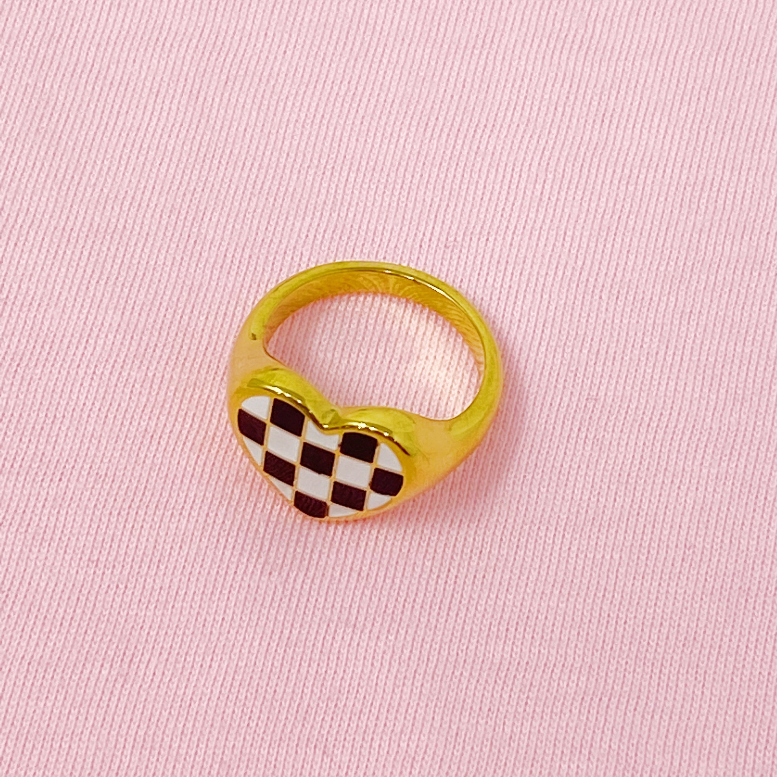 Checkered Heart Signet Ring featuring a heart shape and checkerboard design, crafted from 18K gold-plated stainless steel.