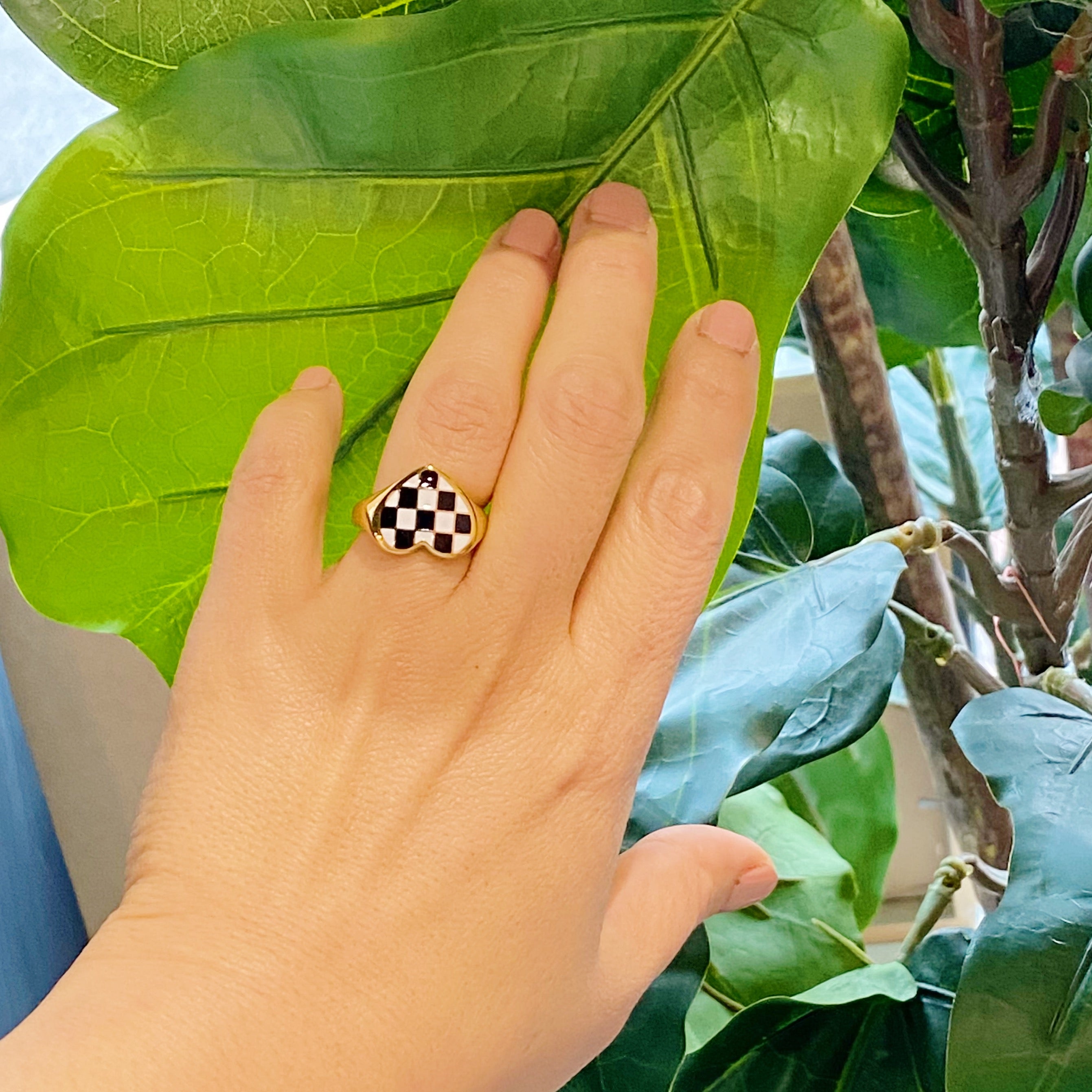 Checkered Heart Signet Ring featuring a heart shape and checkerboard design, crafted from 18K gold-plated stainless steel.