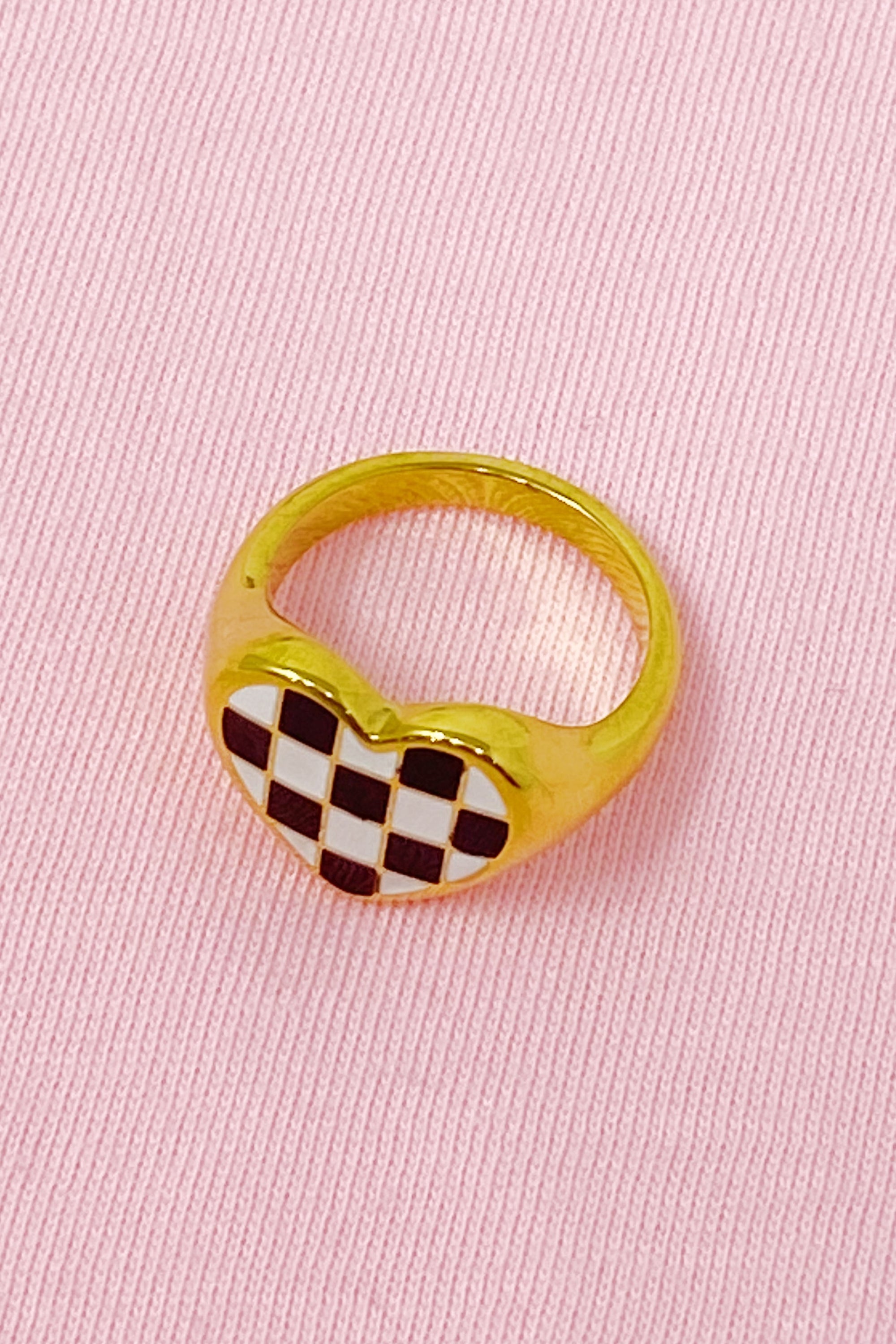 Checkered Heart Signet Ring featuring a heart shape and checkerboard design, crafted from 18K gold-plated stainless steel.