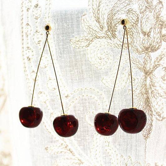 Dark red cherry shape statement earrings with gold plated bronze ear wires, beautifully designed for a stylish look.