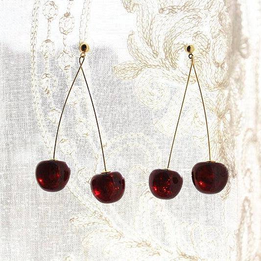 Dark red cherry shape statement earrings with gold plated bronze ear wires, beautifully designed for a stylish look.