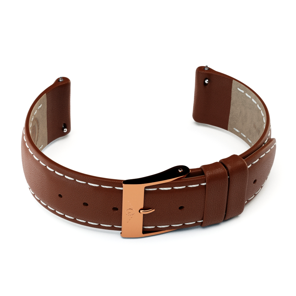 Chestnut leather watch strap with rose gold gloss finish, featuring stainless steel fittings and quick-release spring bar.