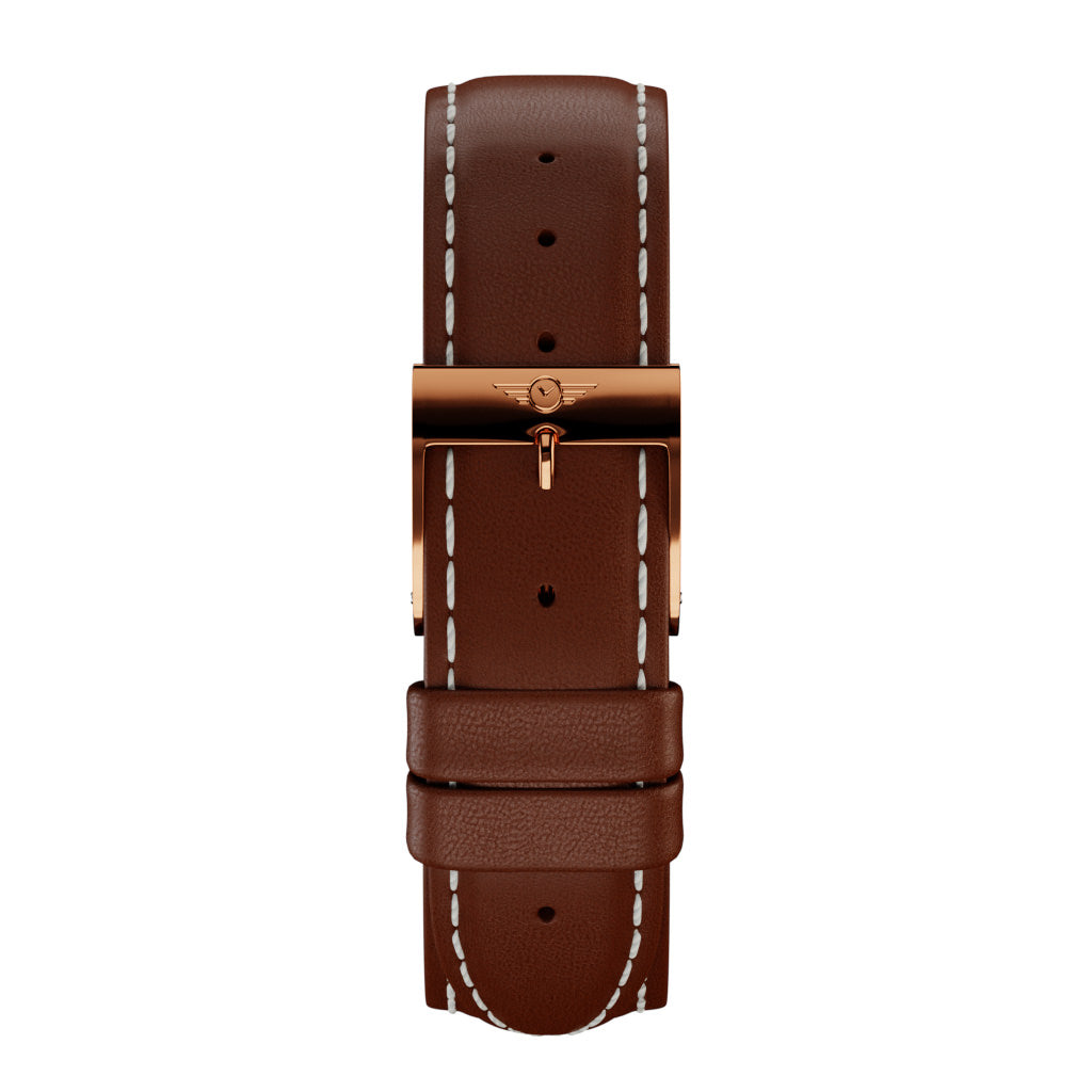 Chestnut leather watch strap with rose gold gloss finish, featuring stainless steel fittings and quick-release spring bar.