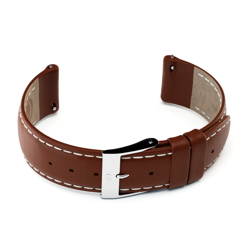 Chestnut leather watch strap with silver gloss fittings, showcasing premium full-grain leather and adjustable length.