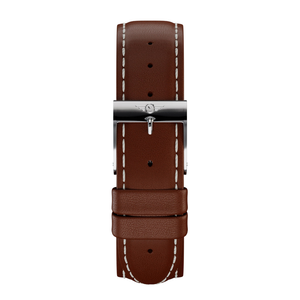 Chestnut leather watch strap with silver gloss fittings, showcasing premium full-grain leather and adjustable length.