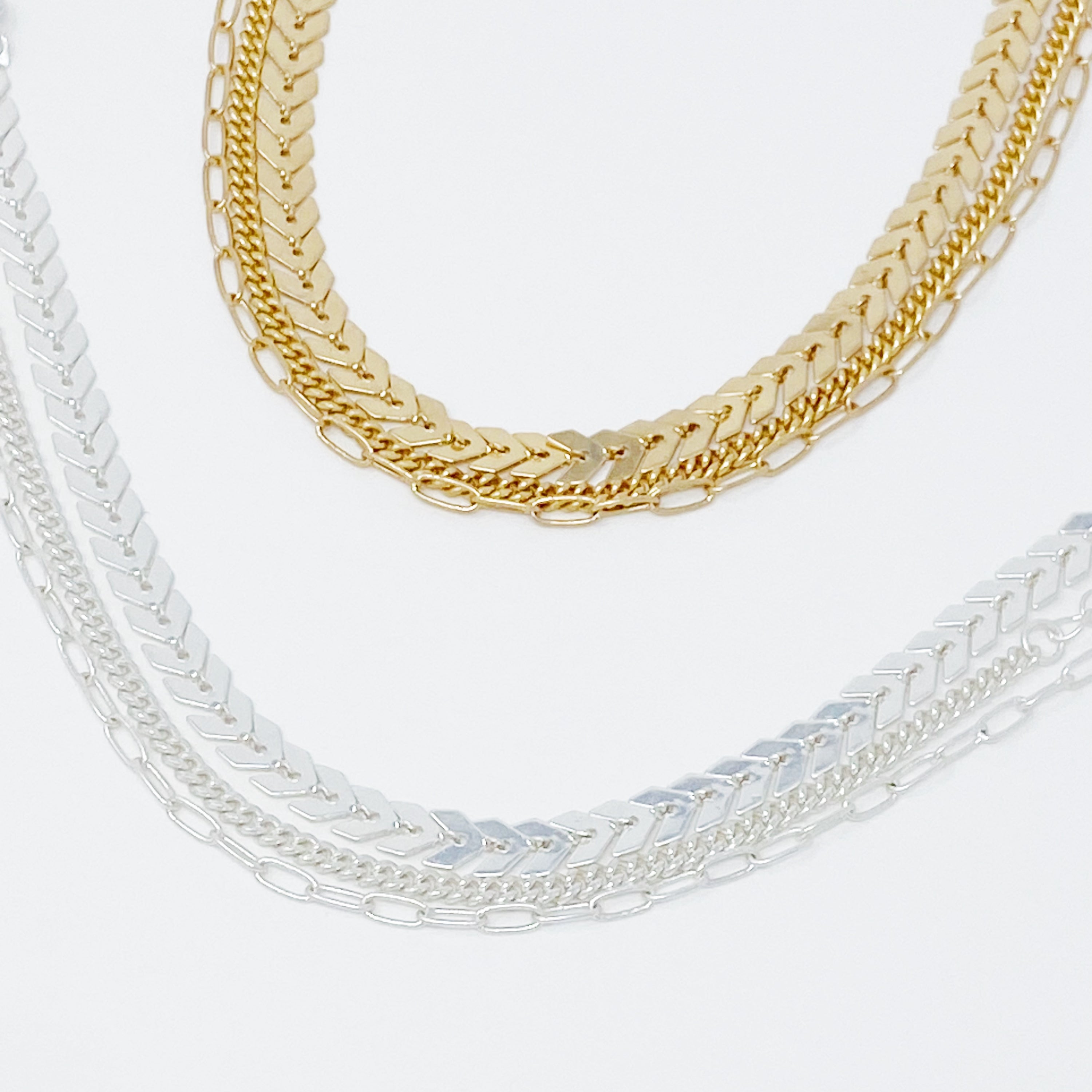 Set of 3 Chevron Chain Anklets in gold and silver plating, showcasing trendy layered design.