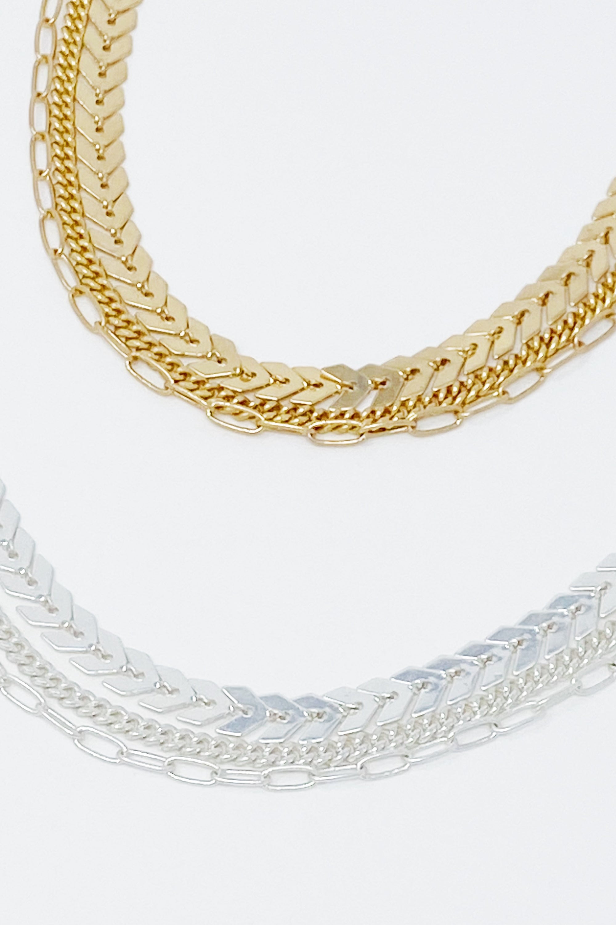 Set of 3 Chevron Chain Anklets in gold and silver plating, showcasing trendy layered design.