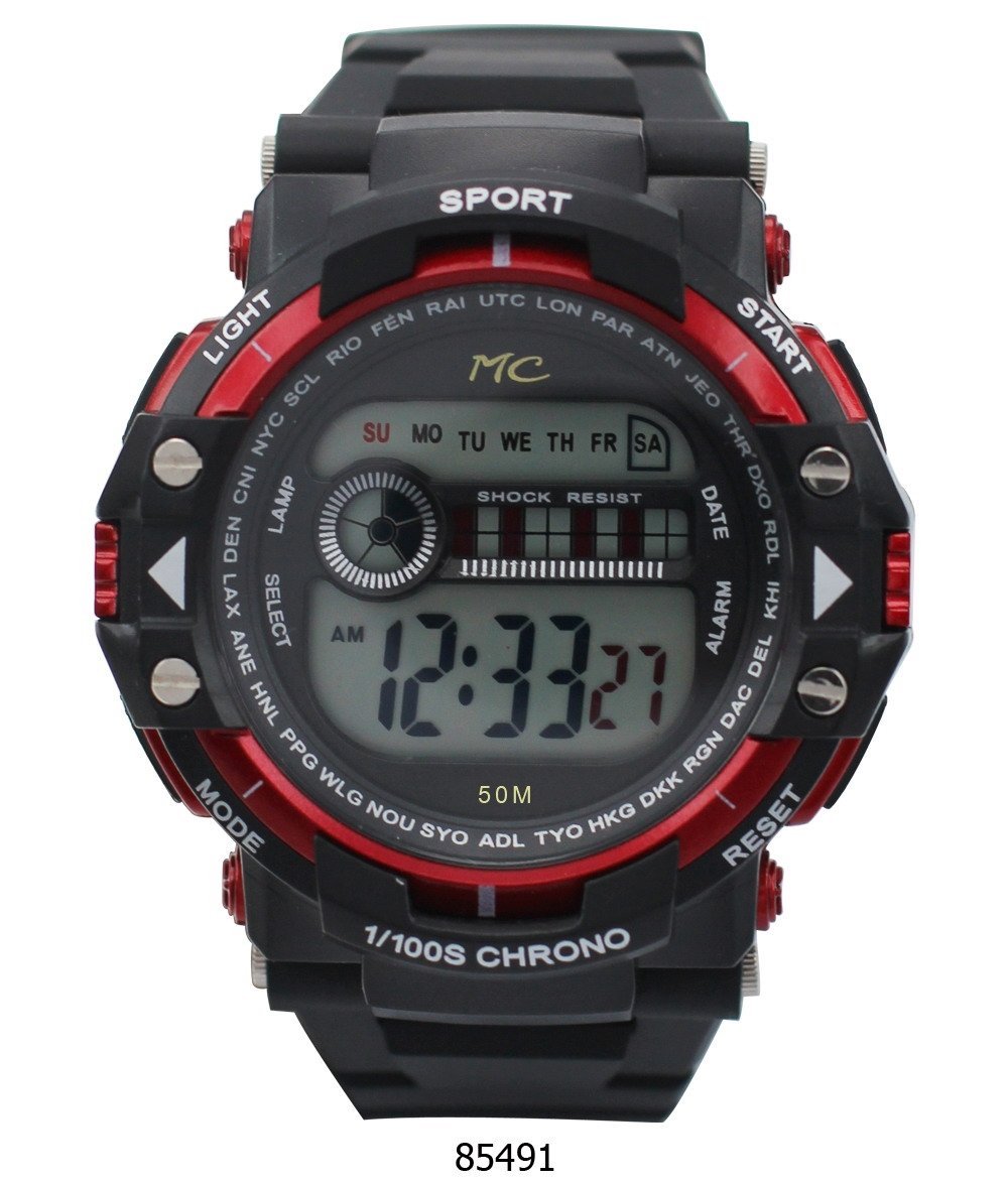 Montres Carlo Red Digital 50 Meter LCD Watch with plastic case and band, showcasing vibrant red display.