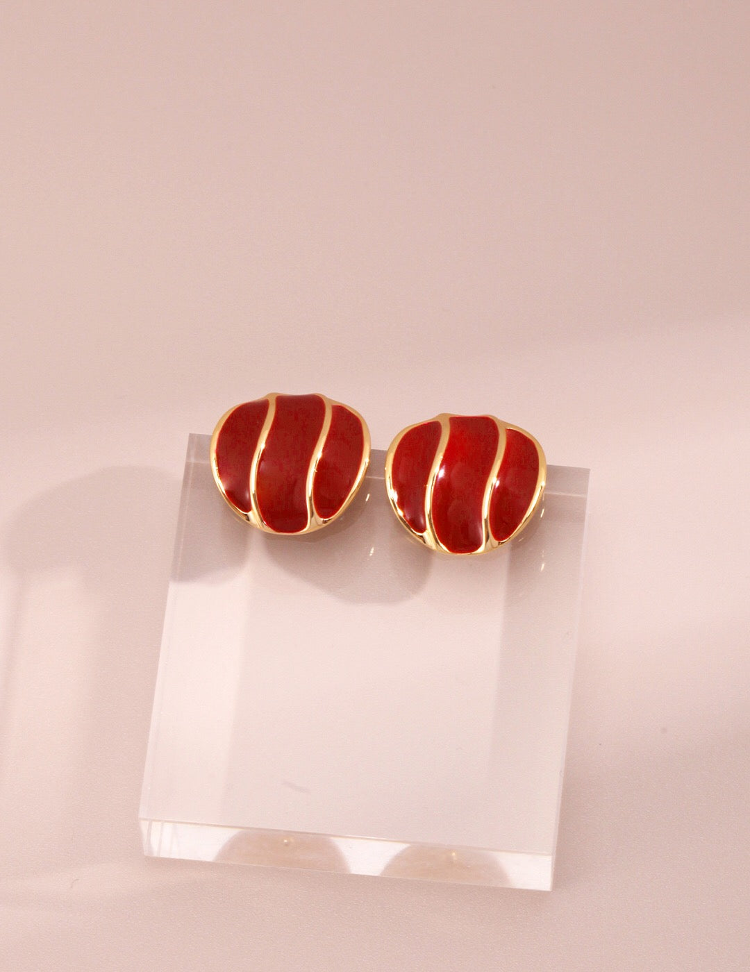 Chinese Red Drip Glaze Stud Earrings featuring gold vermeil, handcrafted with a vibrant red glaze, measuring 20mm in height.