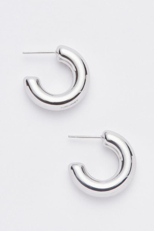 Chloe Mini Hoop earrings in rhodium or 18k gold plating, showcasing their chunky design and elegant finish.