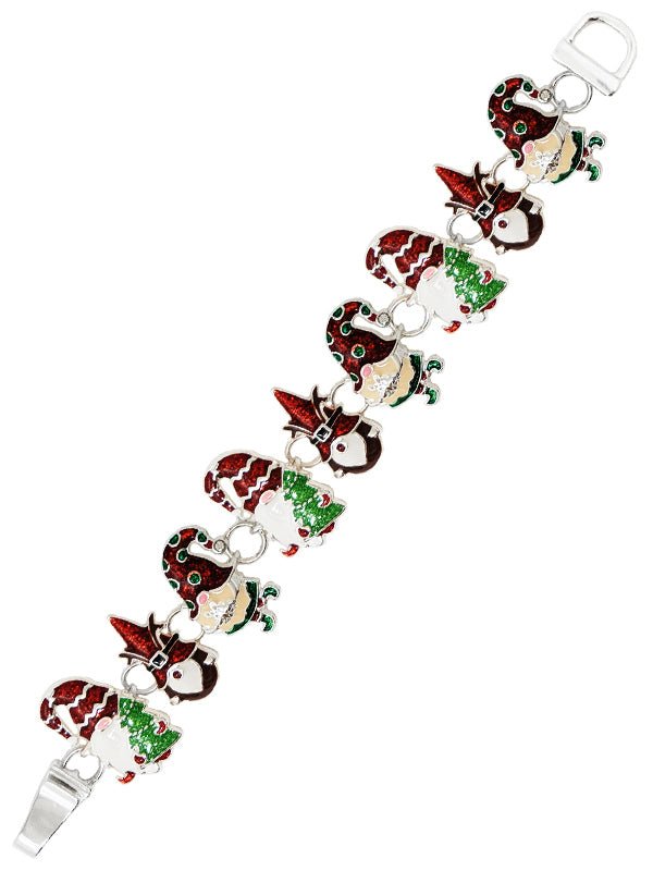 A festive silver bracelet featuring a charming Christmas gnome design, perfect for holiday celebrations.