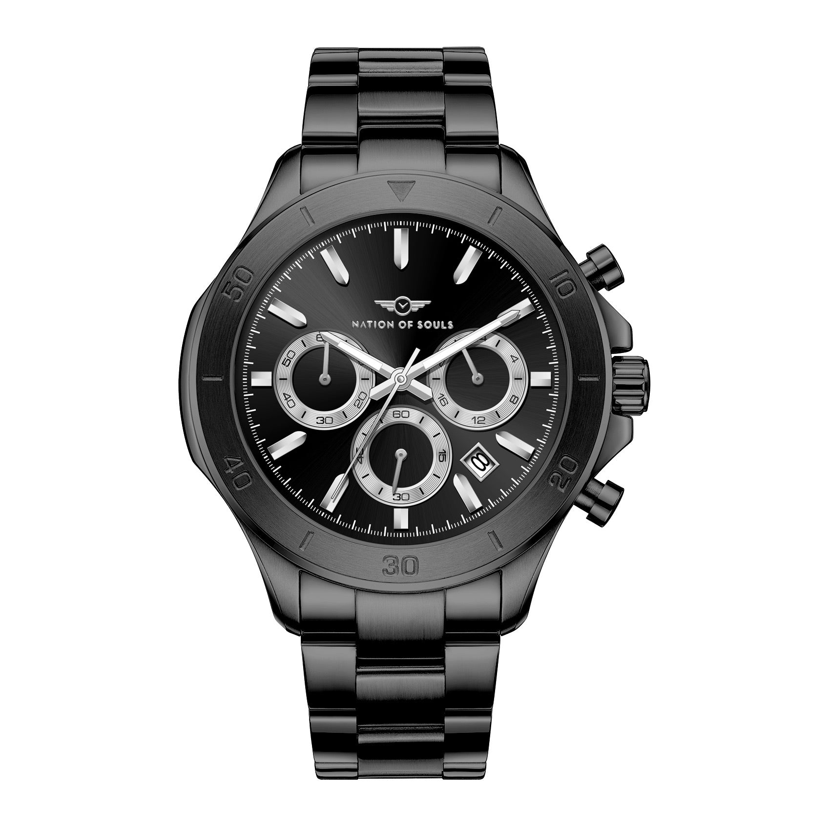 Chronograph One watch featuring a black and silver stainless steel design with a sunray dial and luminous hands.