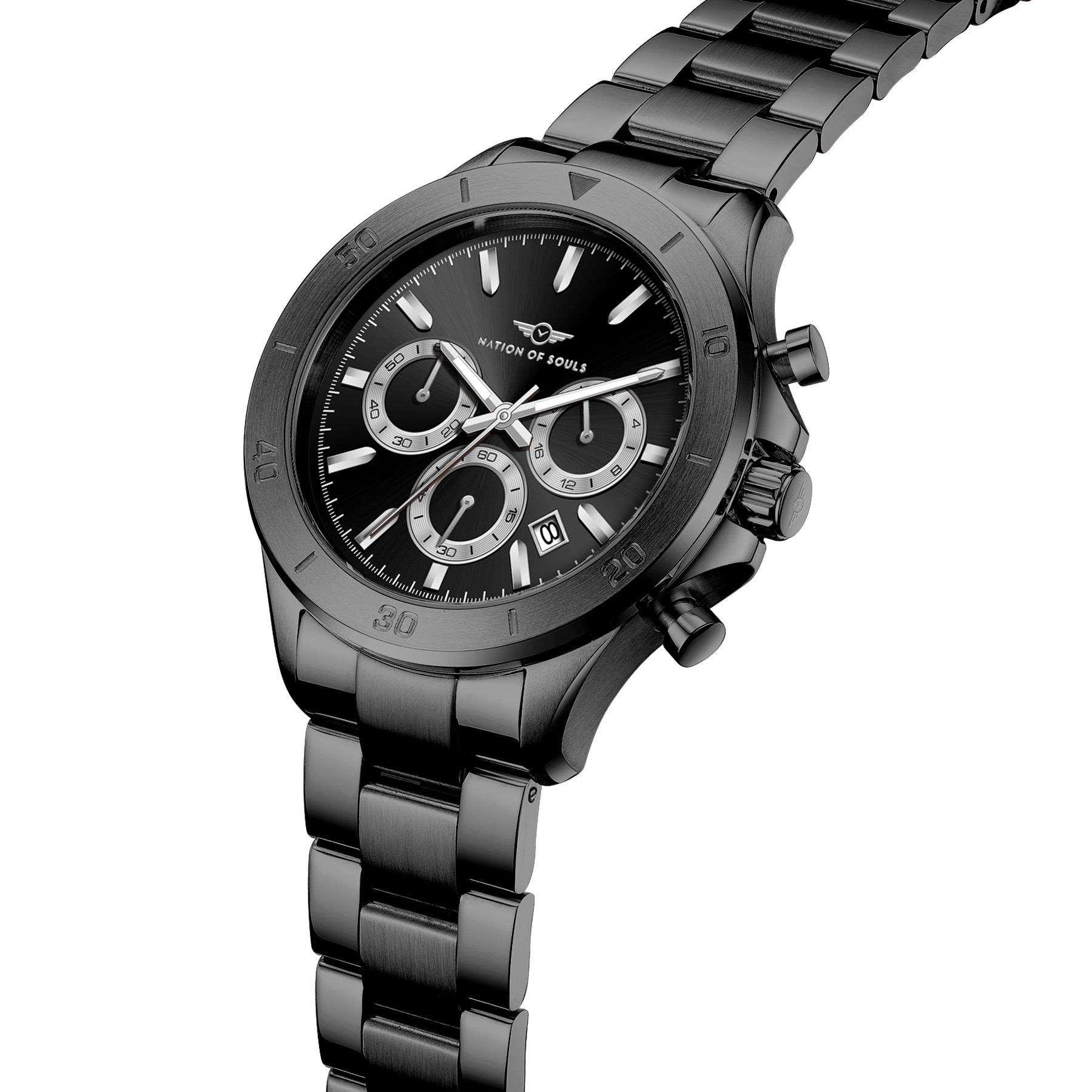 Chronograph One watch featuring a black and silver stainless steel design with a sunray dial and luminous hands.