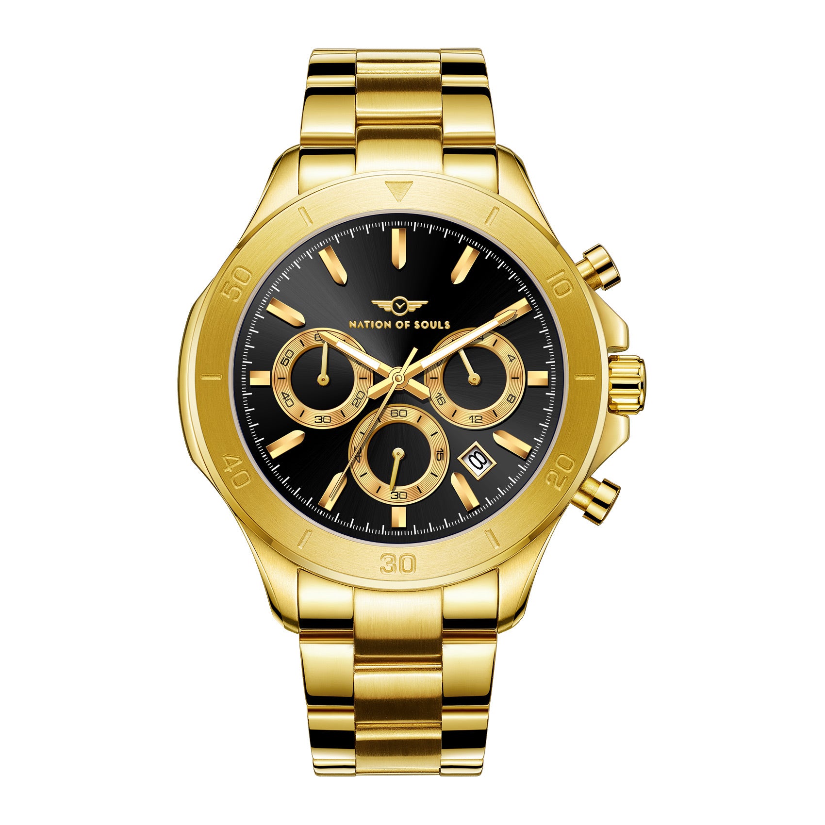 Chronograph One watch featuring a gold and black design with a stainless steel case and elegant sunray dial.