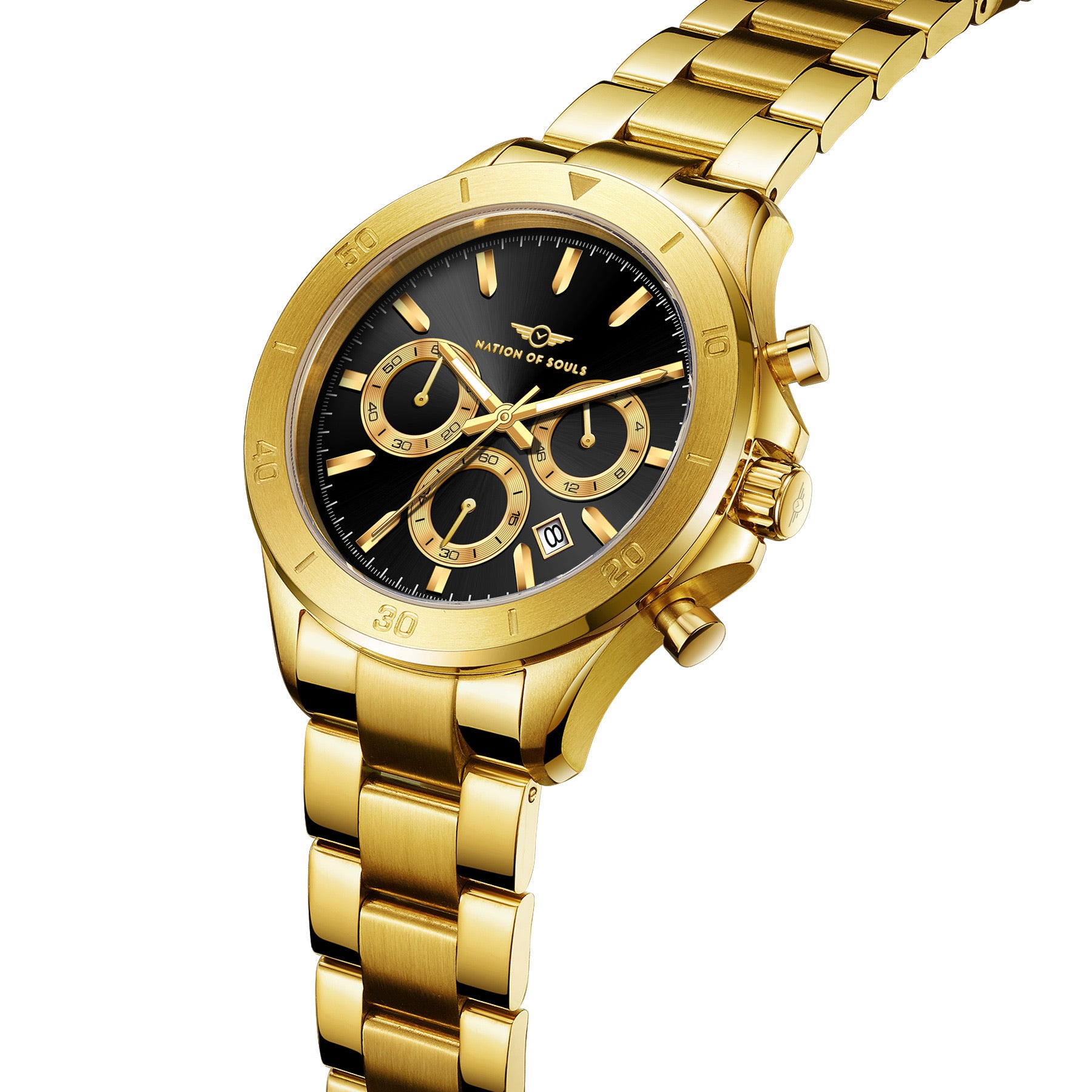 Chronograph One watch featuring a gold and black design with a stainless steel case and elegant sunray dial.