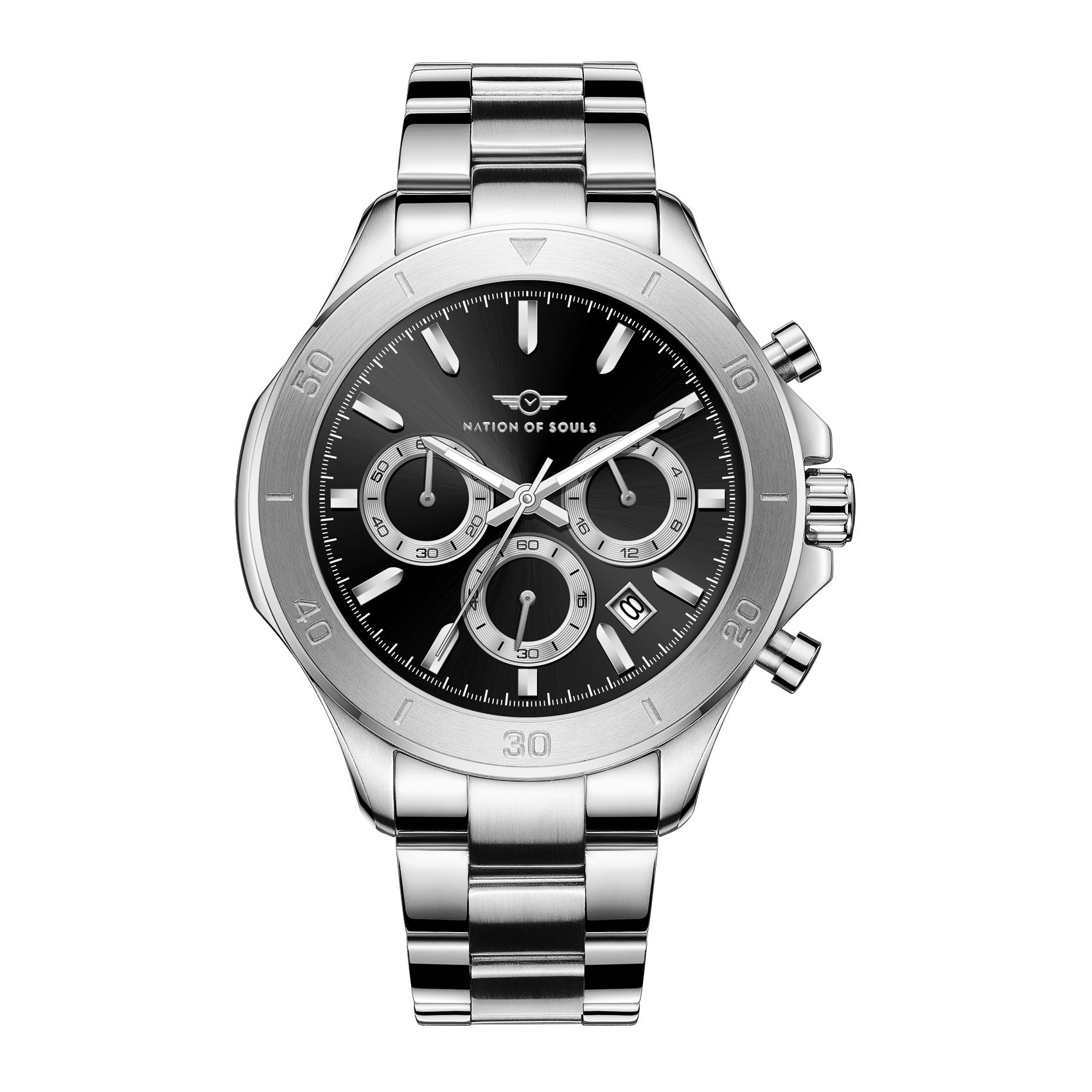 Chronograph One watch featuring a silver and black design with a stainless steel case and bracelet, showcasing a Sunray dial and luminous hands.