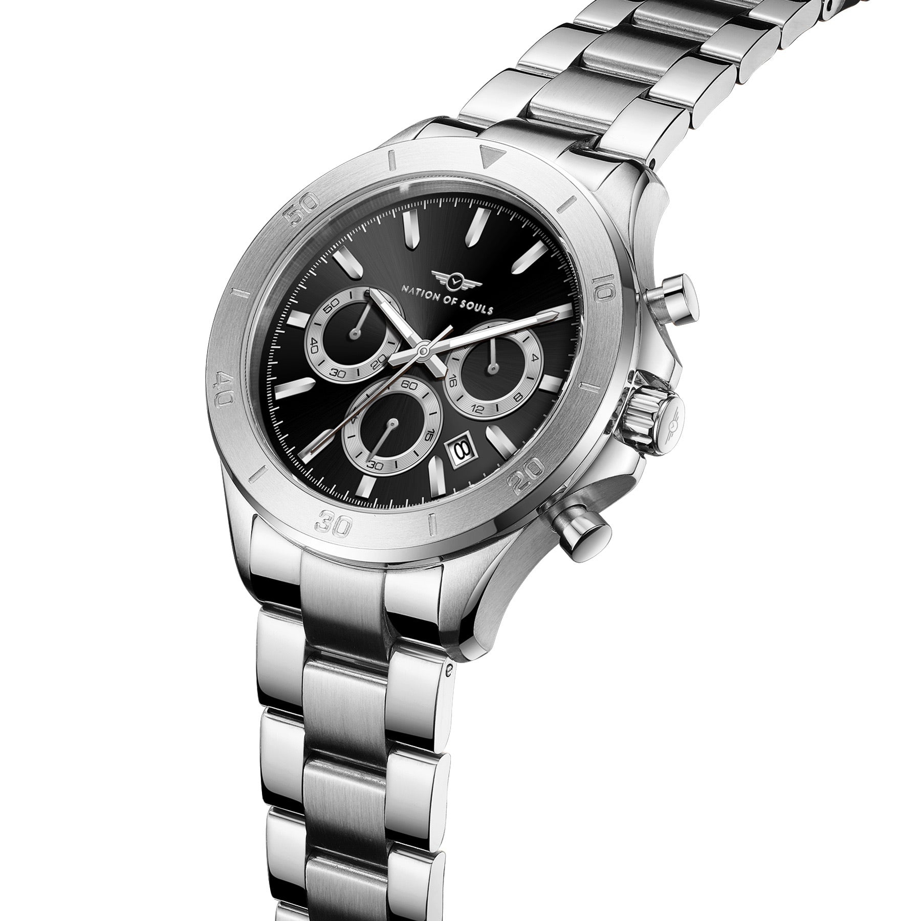 Chronograph One watch featuring a silver and black design with a stainless steel case and bracelet, showcasing a Sunray dial and luminous hands.