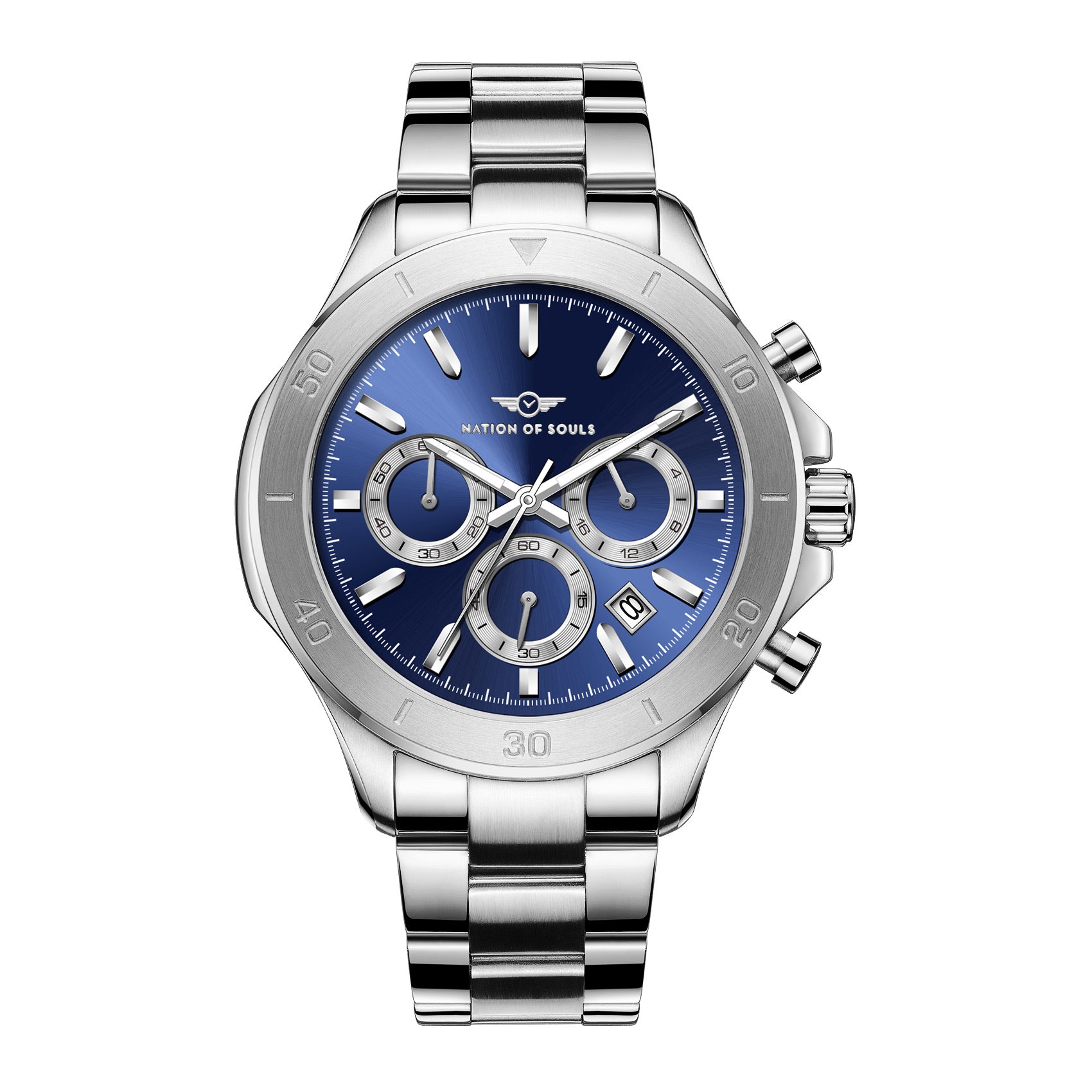 Chronograph One watch in silver with lapis blue accents, featuring a stainless steel case, sapphire crystal glass, and a sunray dial.