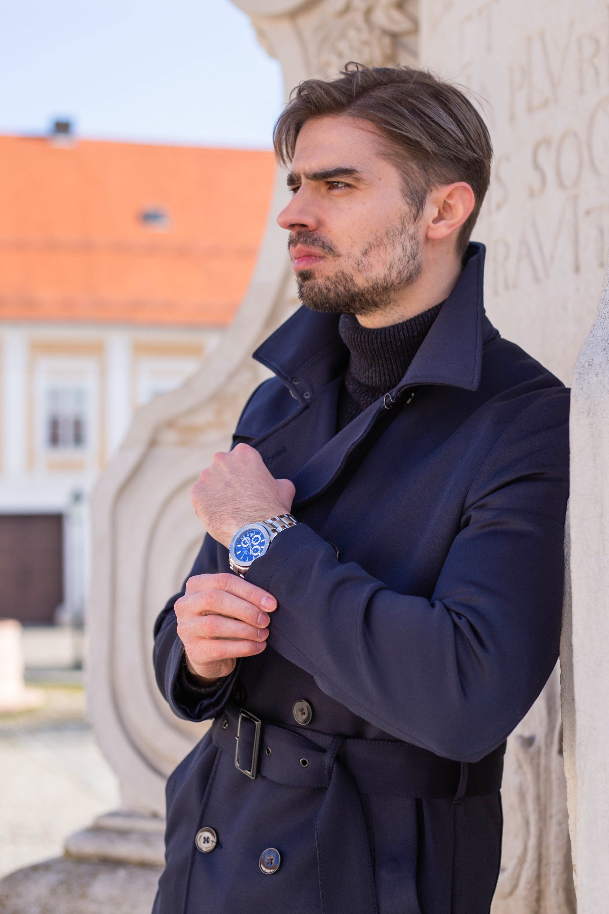 Chronograph One watch in silver with lapis blue accents, featuring a stainless steel case, sapphire crystal glass, and a sunray dial.