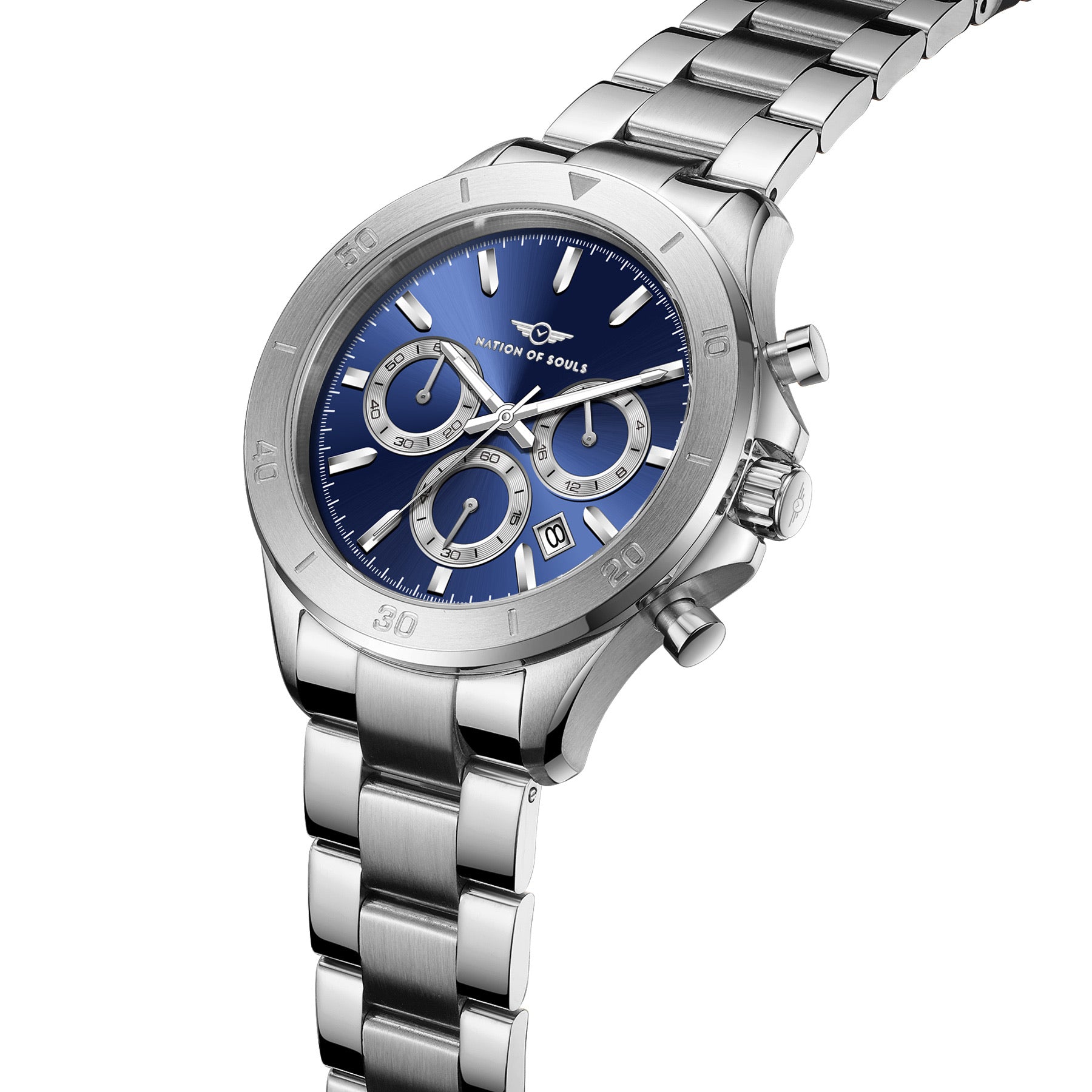 Chronograph One watch in silver with lapis blue accents, featuring a stainless steel case, sapphire crystal glass, and a sunray dial.