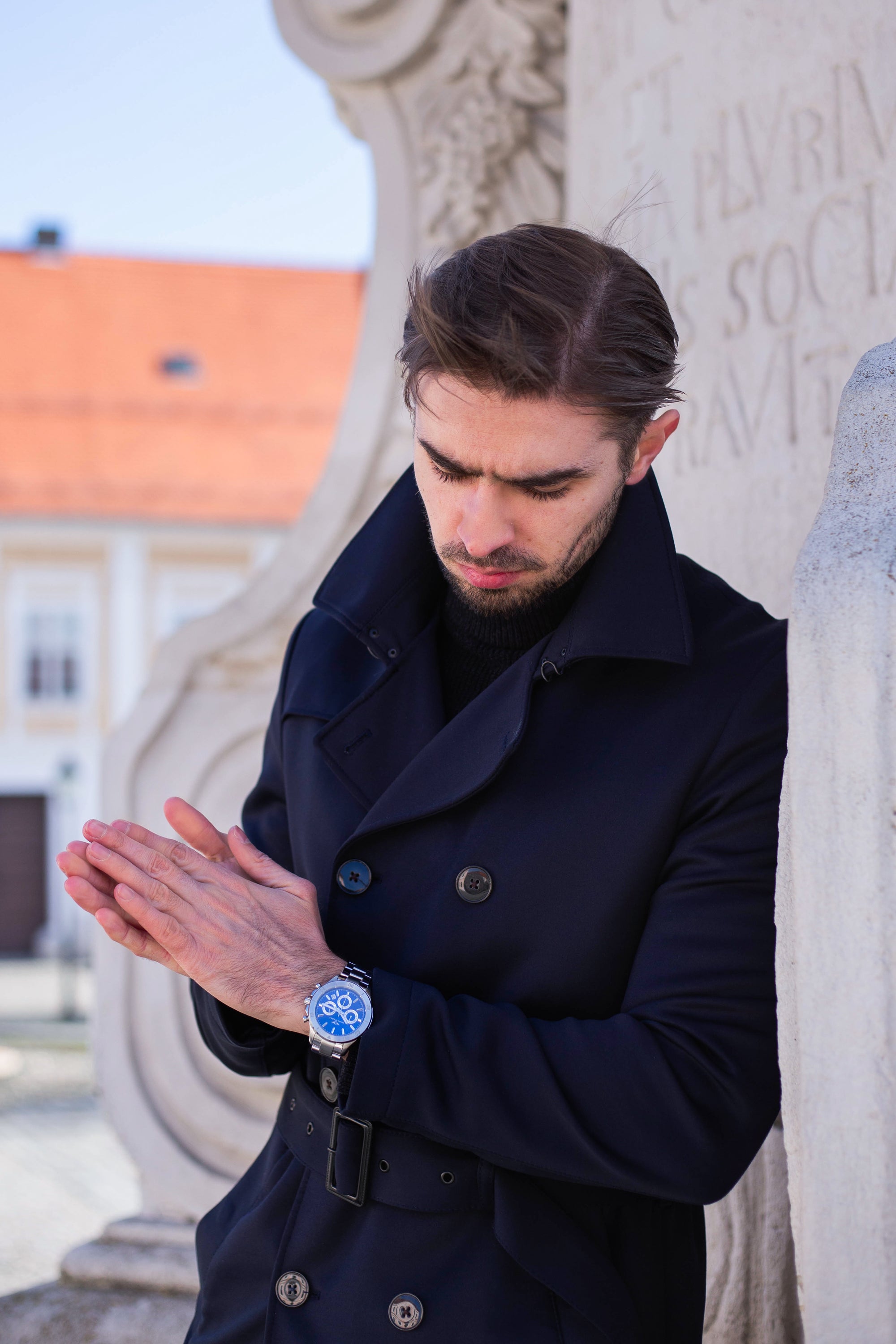 Chronograph One watch in silver with lapis blue accents, featuring a stainless steel case, sapphire crystal glass, and a sunray dial.