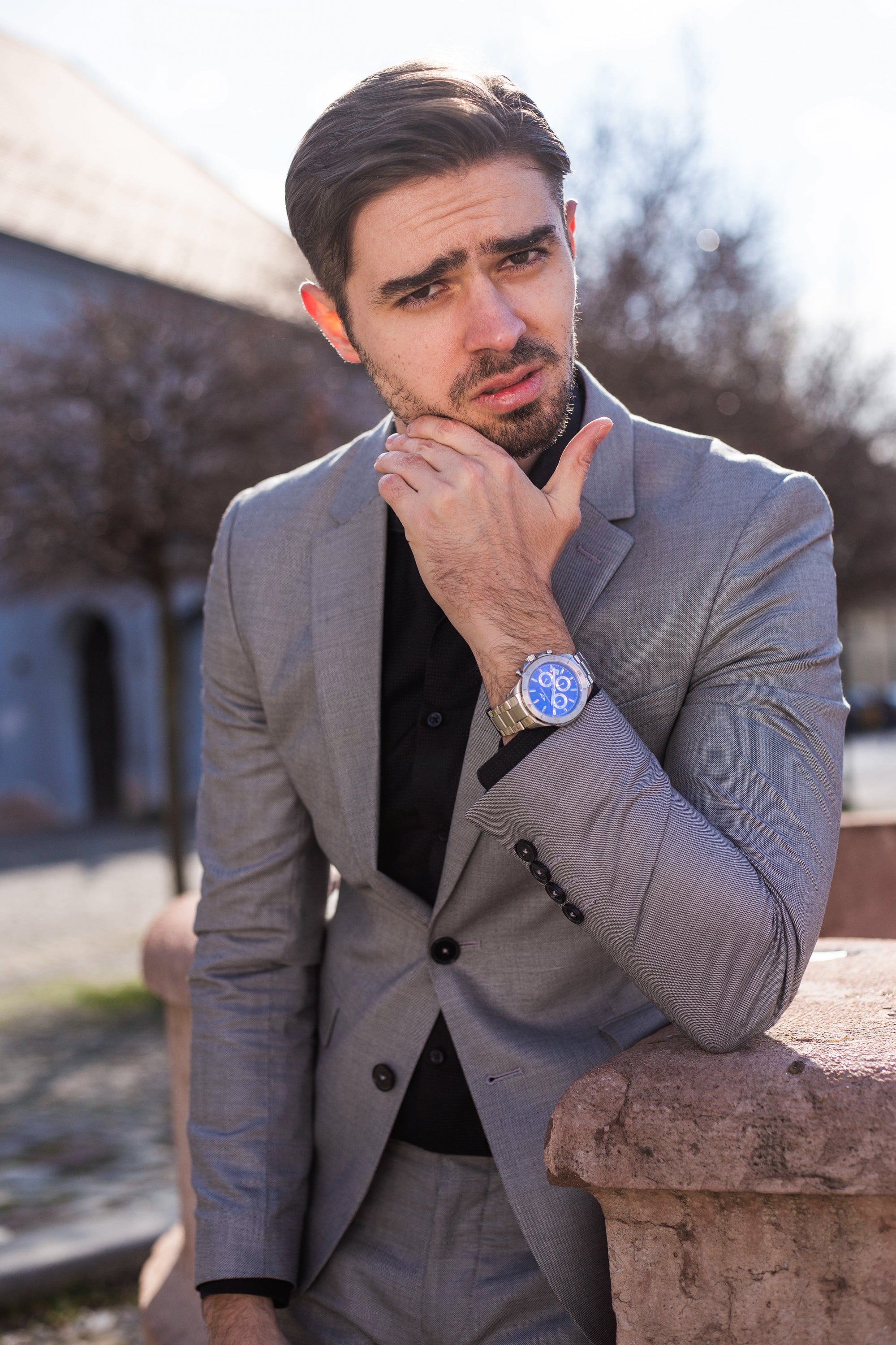 Chronograph One watch in silver with lapis blue accents, featuring a stainless steel case, sapphire crystal glass, and a sunray dial.