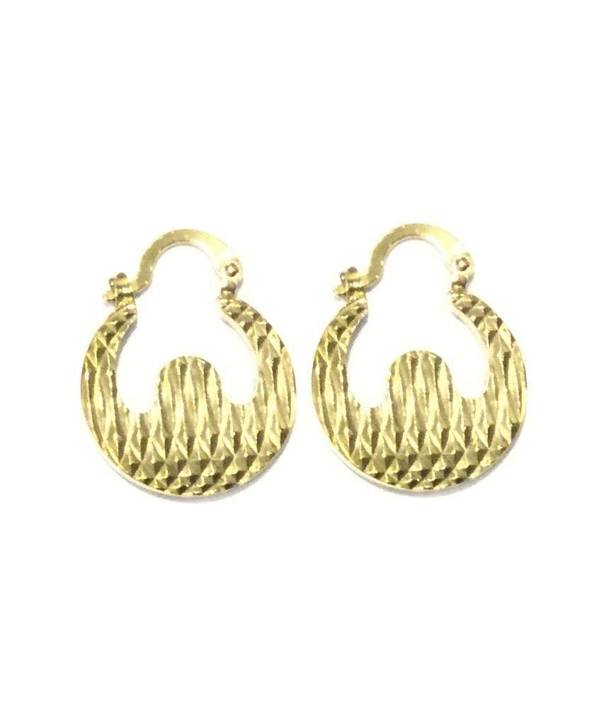 A pair of unique circular baggy earrings in brass, available in silver and gold finishes, showcasing a modern design.