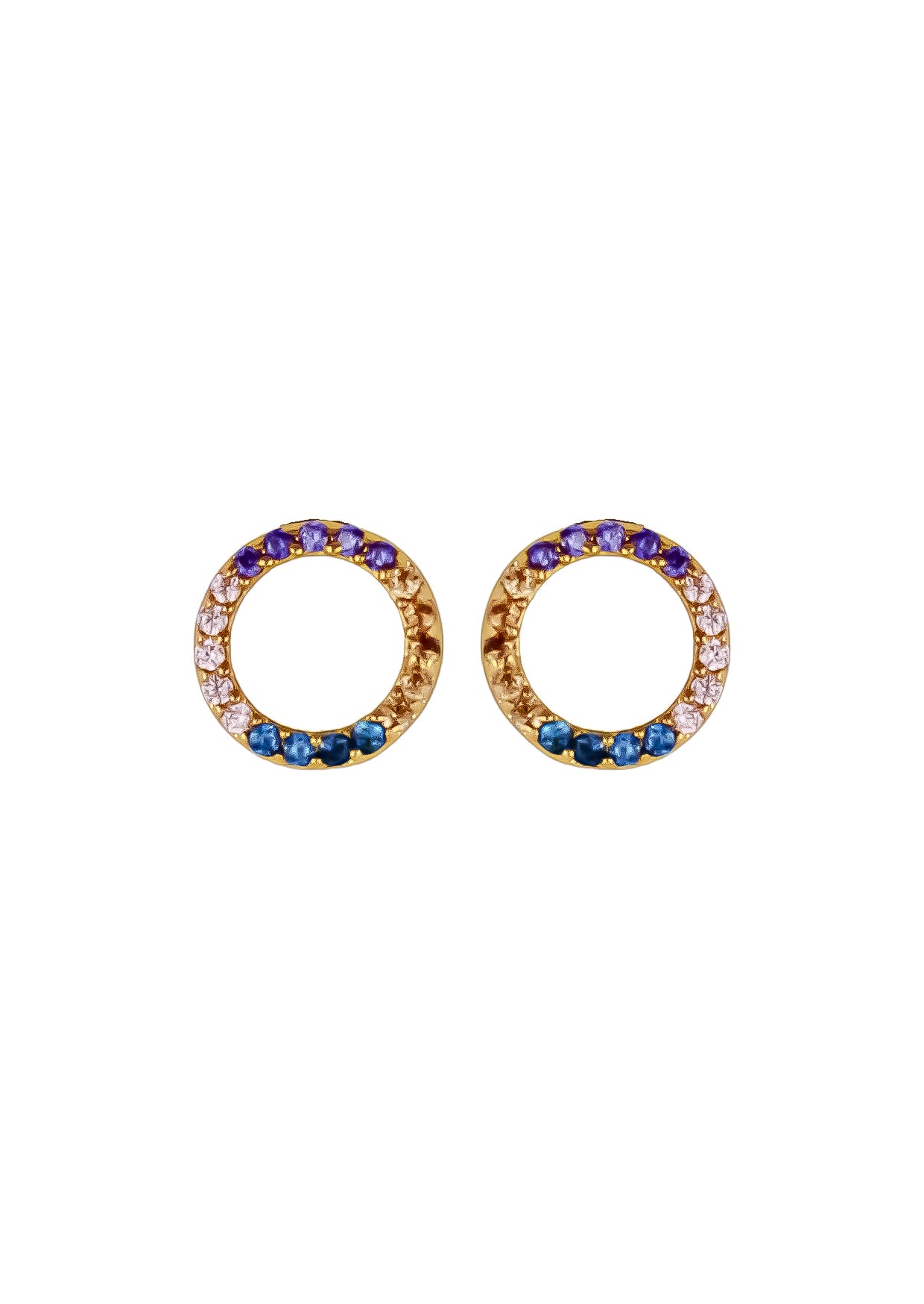 Elegant 18K gold-plated circle earrings adorned with sparkling zirconia stones, designed for pierced ears and hypoallergenic for sensitive skin.