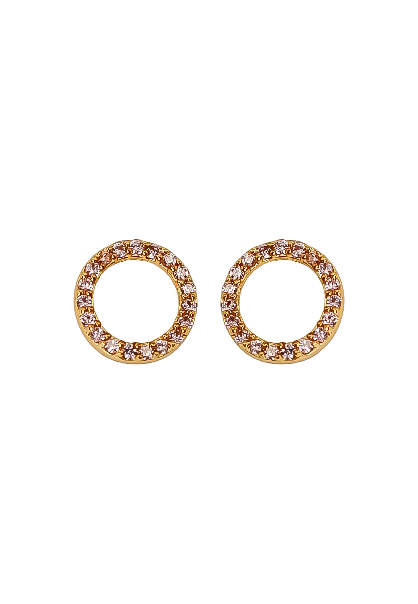 Elegant 18K gold-plated circle earrings adorned with sparkling zirconia stones, designed for pierced ears and hypoallergenic for sensitive skin.