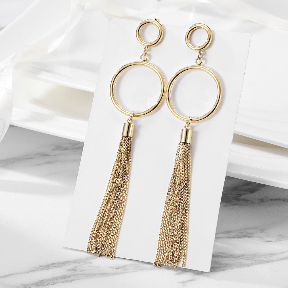 Elegant Circle Long Chain Earrings made of surgical stainless steel with gold plating, showcasing a modern design.