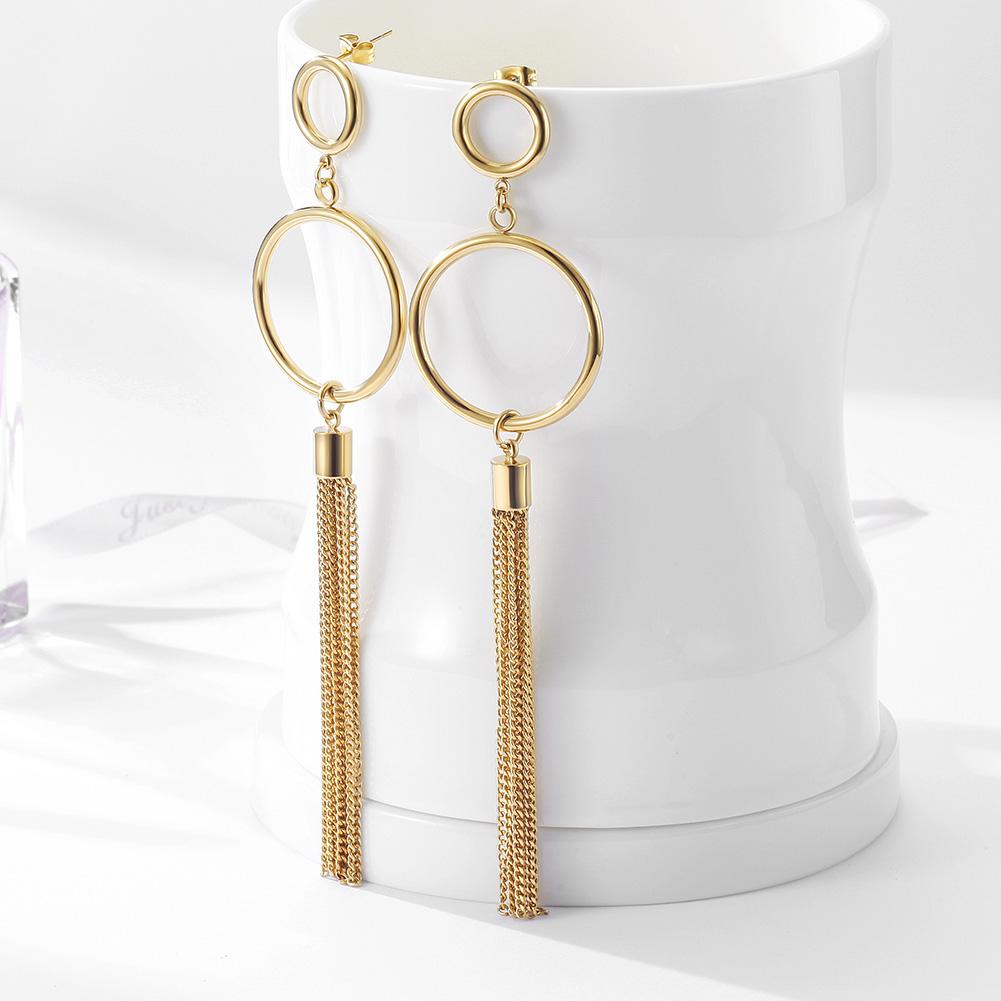 Elegant Circle Long Chain Earrings made of surgical stainless steel with gold plating, showcasing a modern design.