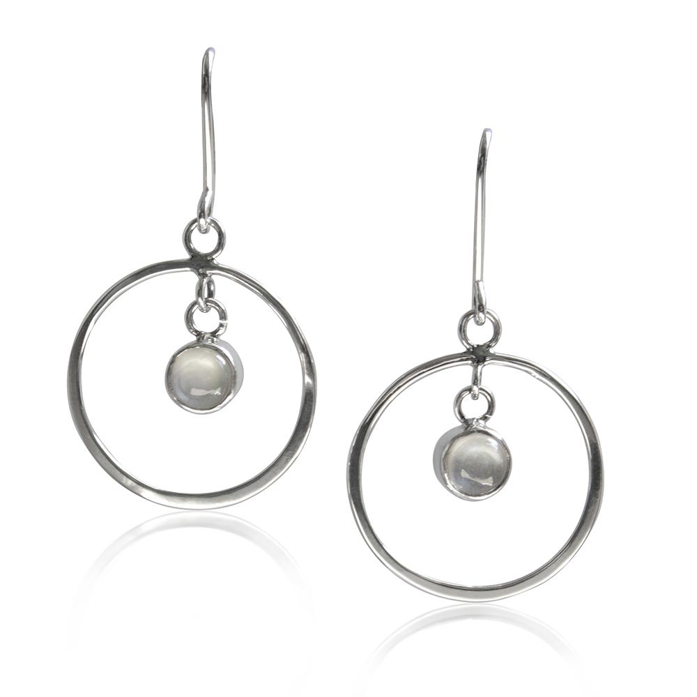 Circle Moonstone Sterling Silver Fishhook Earrings featuring white moonstone cabochons set in gleaming sterling silver circles.