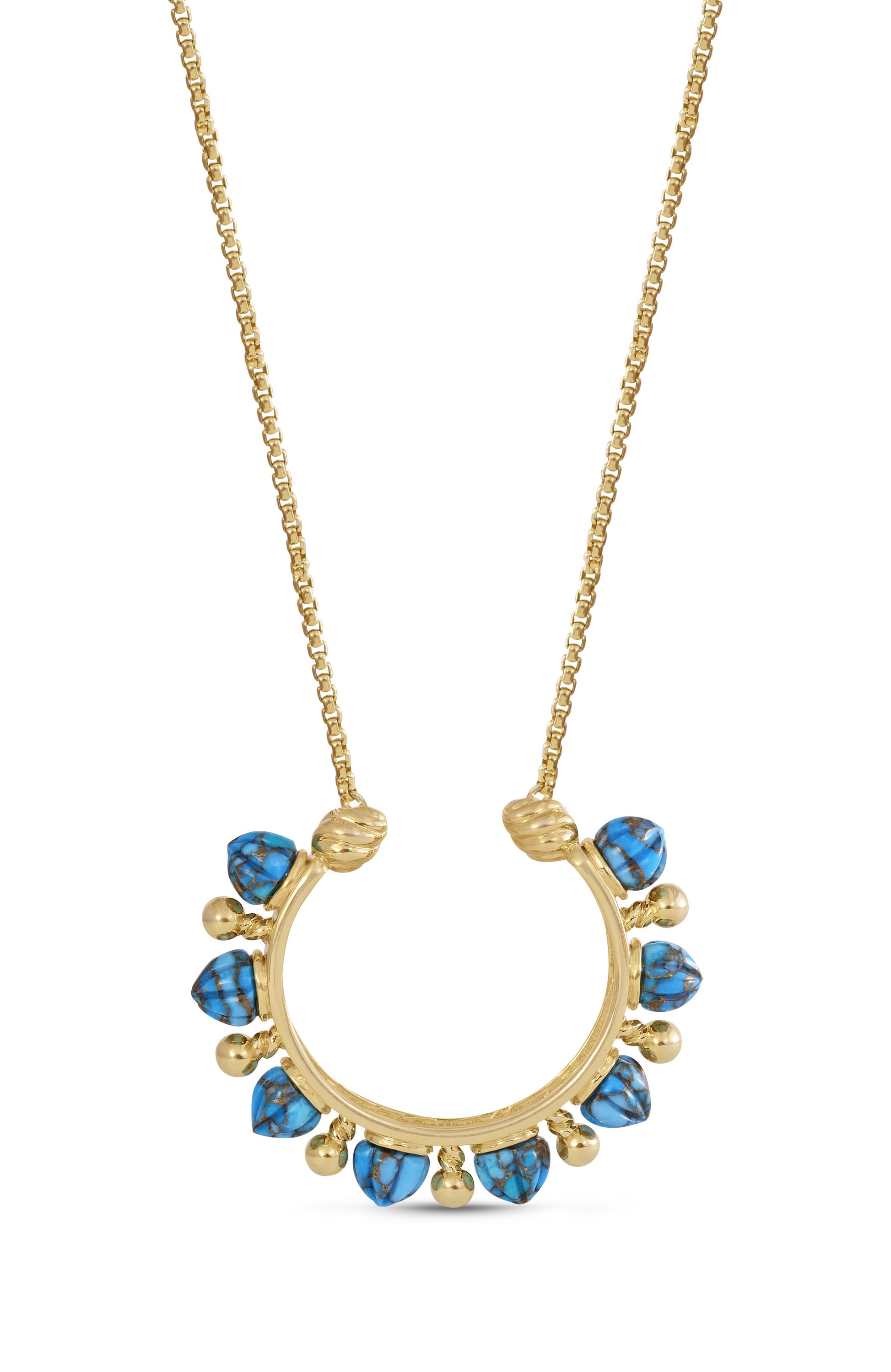 Circle of Fire Turquoise Necklace featuring carved turquoise stones and 14K yellow gold plating, elegantly displayed.