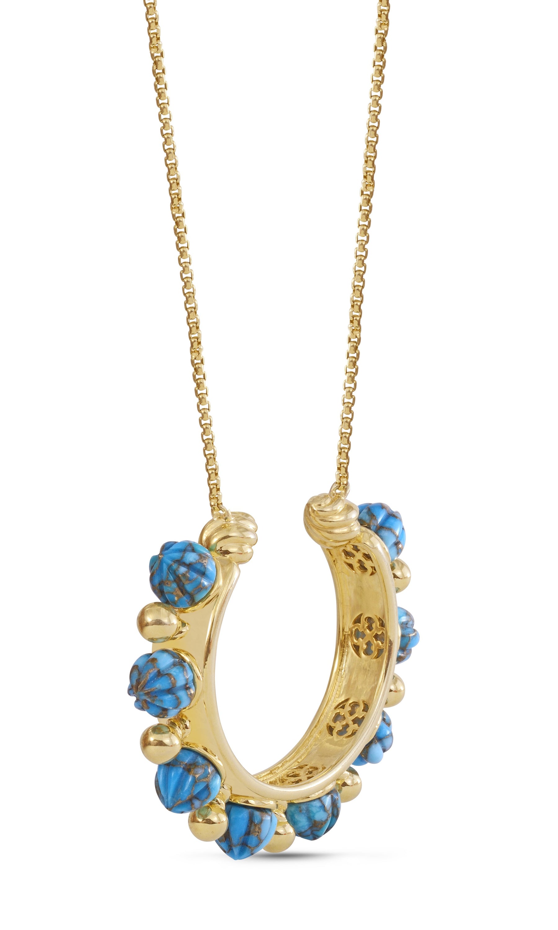 Circle of Fire Turquoise Necklace featuring carved turquoise stones and 14K yellow gold plating, elegantly displayed.