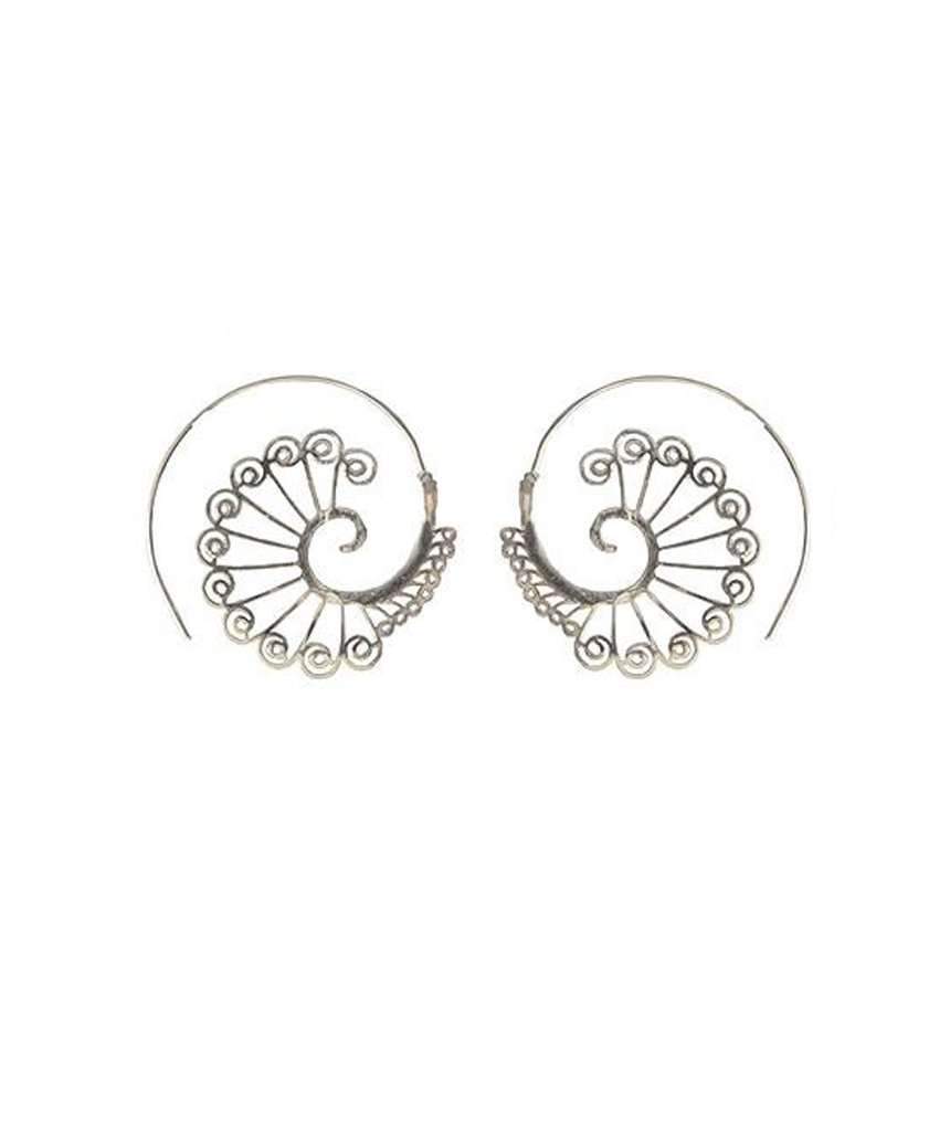 A pair of circular earrings featuring a vibrant peacock pattern, crafted from hypoallergenic brass and silver, showcasing a chic fan finish.