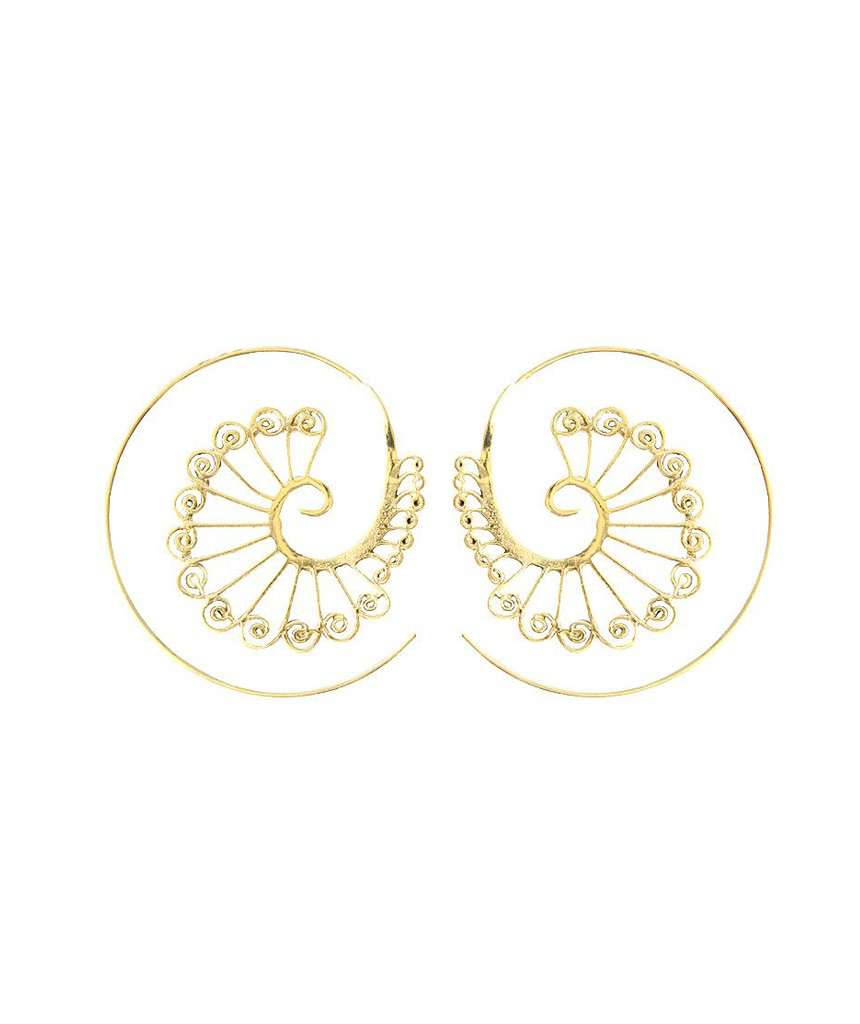 A pair of circular earrings featuring a vibrant peacock pattern, crafted from hypoallergenic brass and silver, showcasing a chic fan finish.