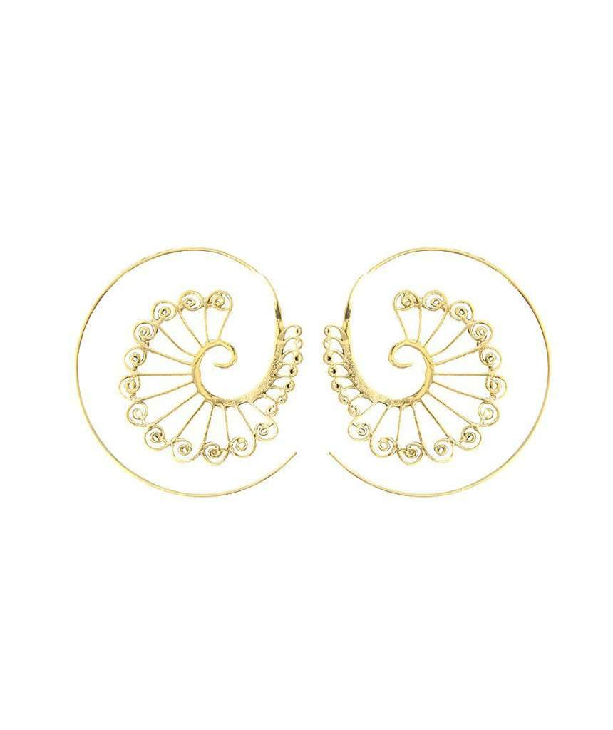 A pair of circular earrings featuring a vibrant peacock pattern, crafted from hypoallergenic brass and silver, showcasing a chic fan finish.