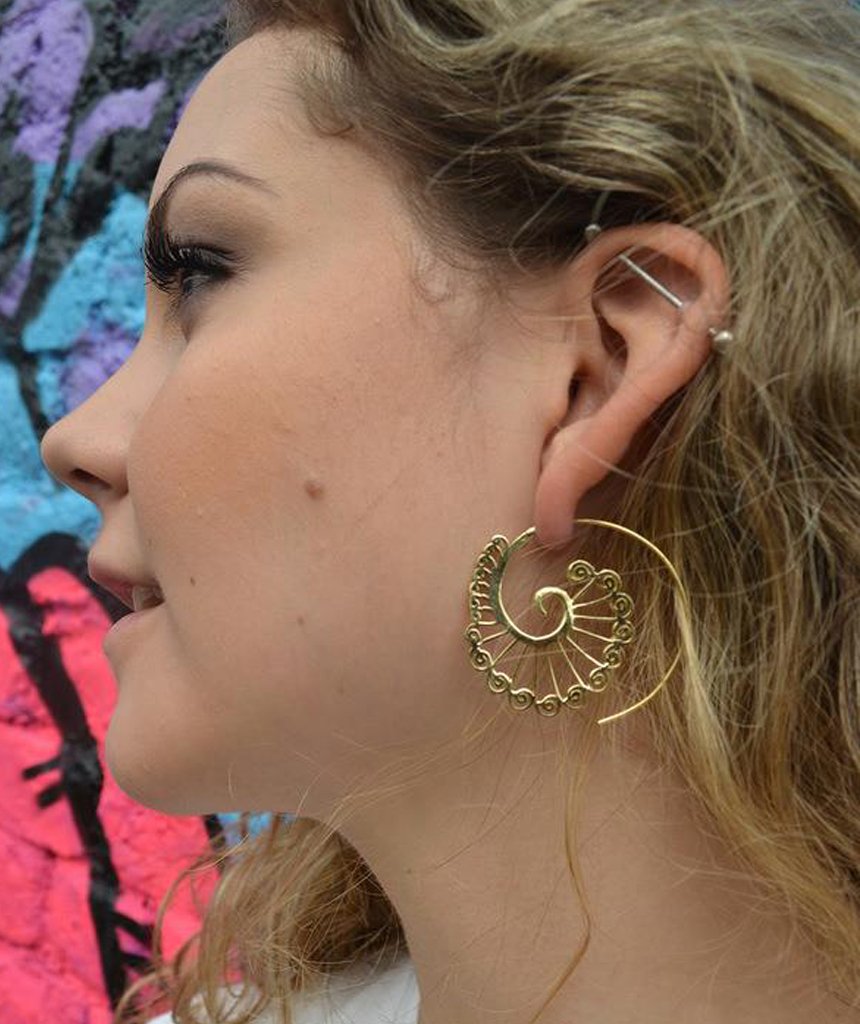 A pair of circular earrings featuring a vibrant peacock pattern, crafted from hypoallergenic brass and silver, showcasing a chic fan finish.