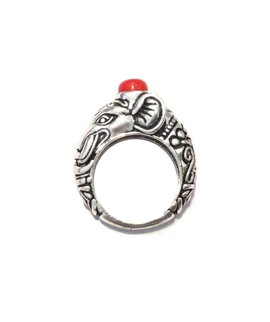 A handmade Circus Elephant Ring featuring intricate designs, crafted from hypoallergenic brass and silver, perfect for festival wear.